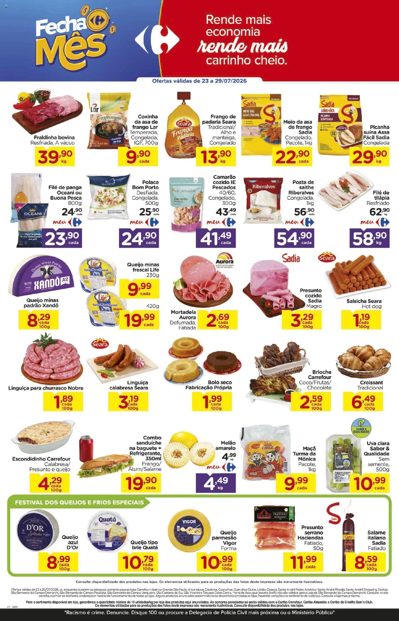 Carrefour Folheto - válido de 23/07/2026 | Página: 2 | Produtos: Queijo, Presunto, Brie, Frango