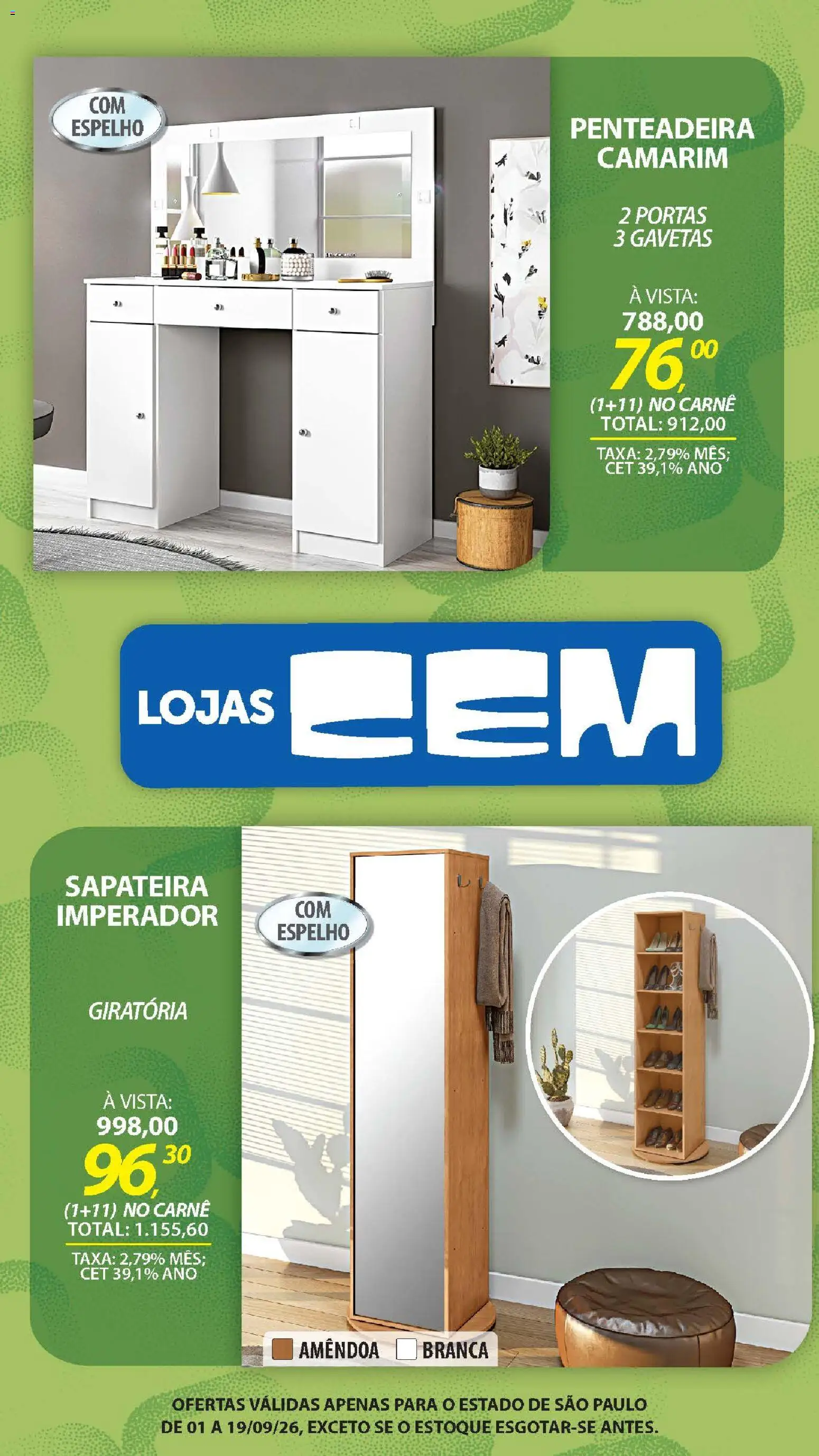 Lojas Cem Folheto - válido de 01/09/2026 | Página: 28 | Produtos: Penteadeira, Sapateira, Portas, Carne
