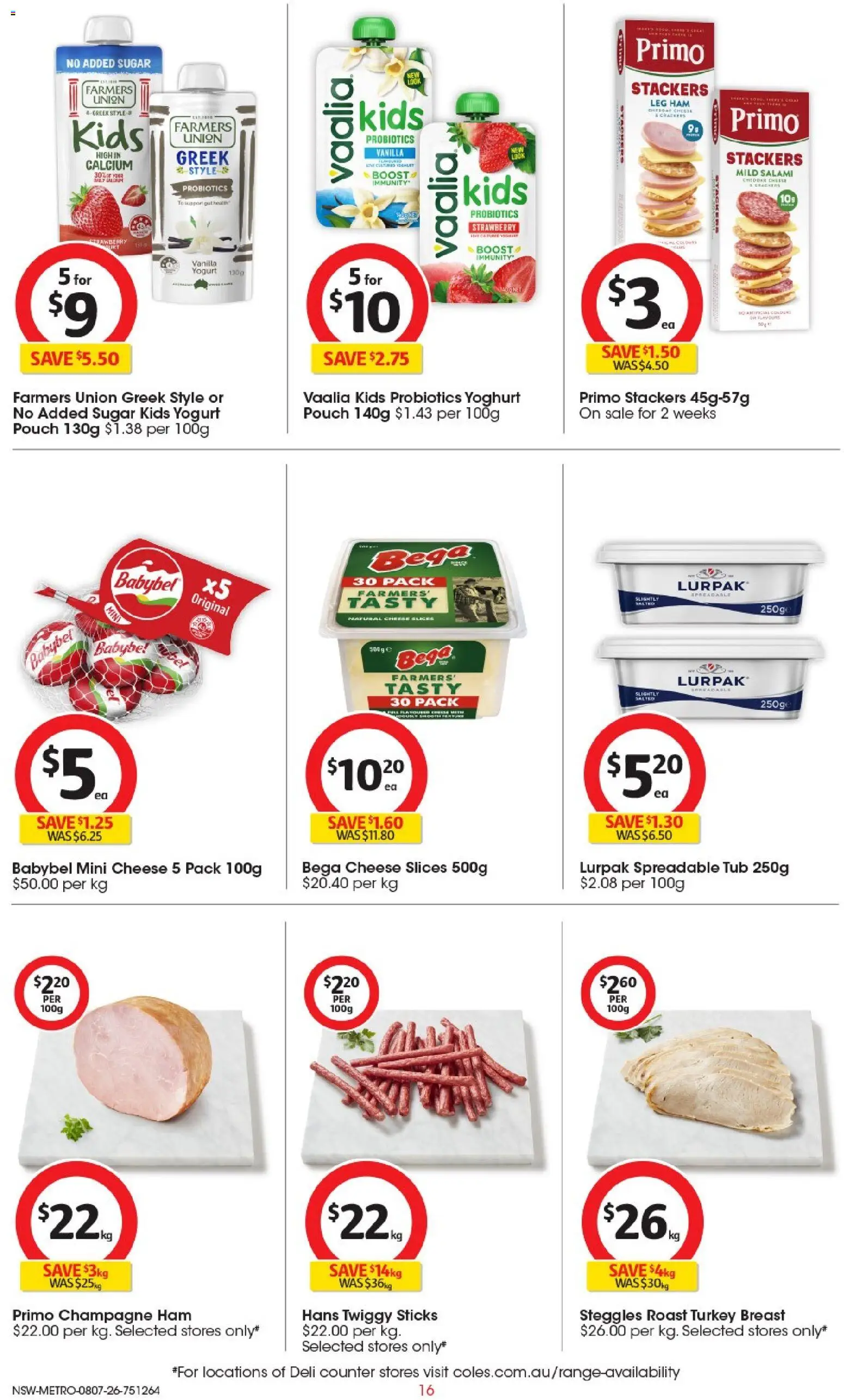 Coles catalogue - valid from 08/07/2026 | Page: 16 | Products: Cheese, Yoghurt, Ham, Turkey