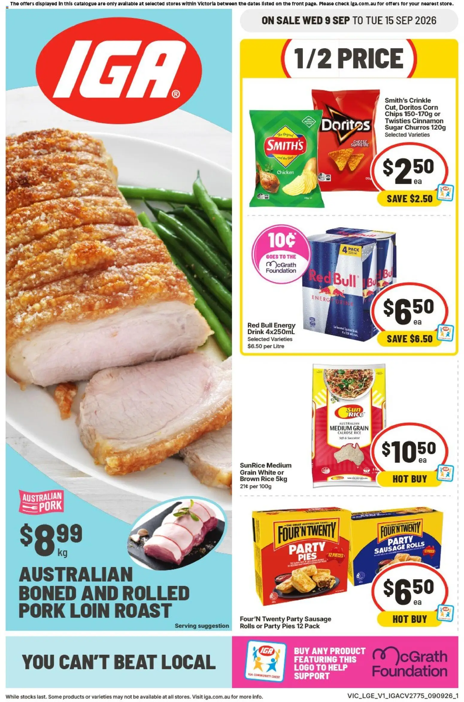 IGA catalogue - valid from 09/09/2026 | Page: 1 | Products: Pork loin, Corn, Rice, Red Bull