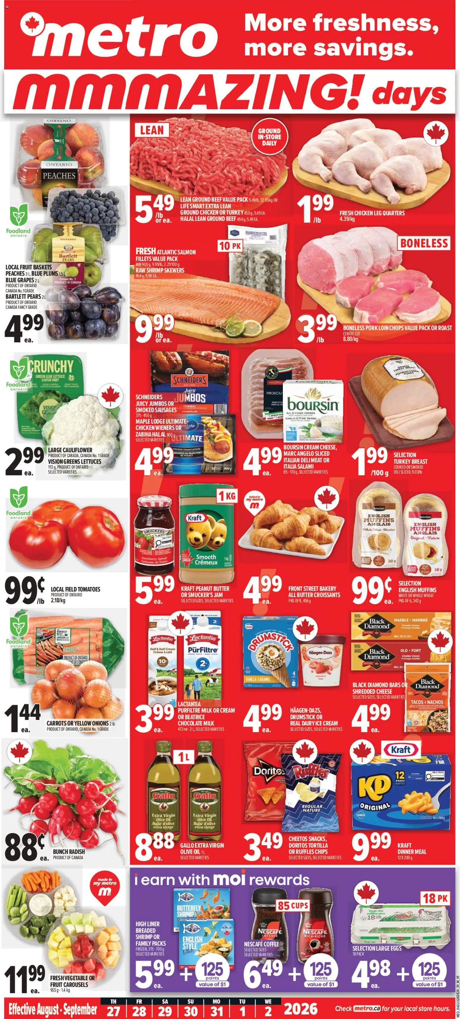 Metro flyer valid from Aug 27, 2026 | Page: 1 | Products: Salmon, Turkey, Milk, Butter
