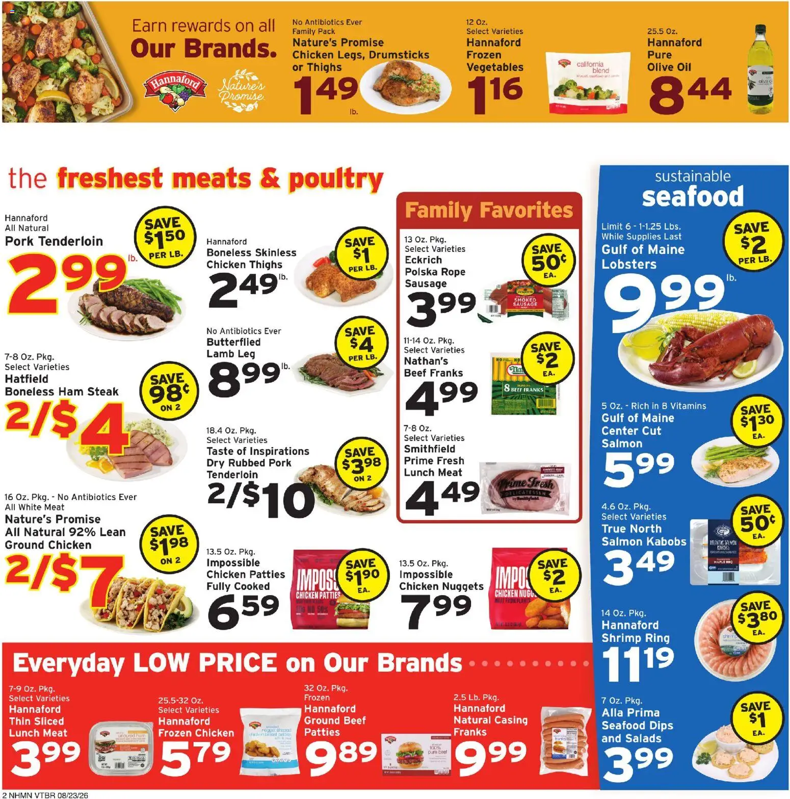 Hannaford Weekly Ad - valid from 08/23/2026 | Page: 2 | Products: Shrimp, Oil, Chicken thighs, Sausage