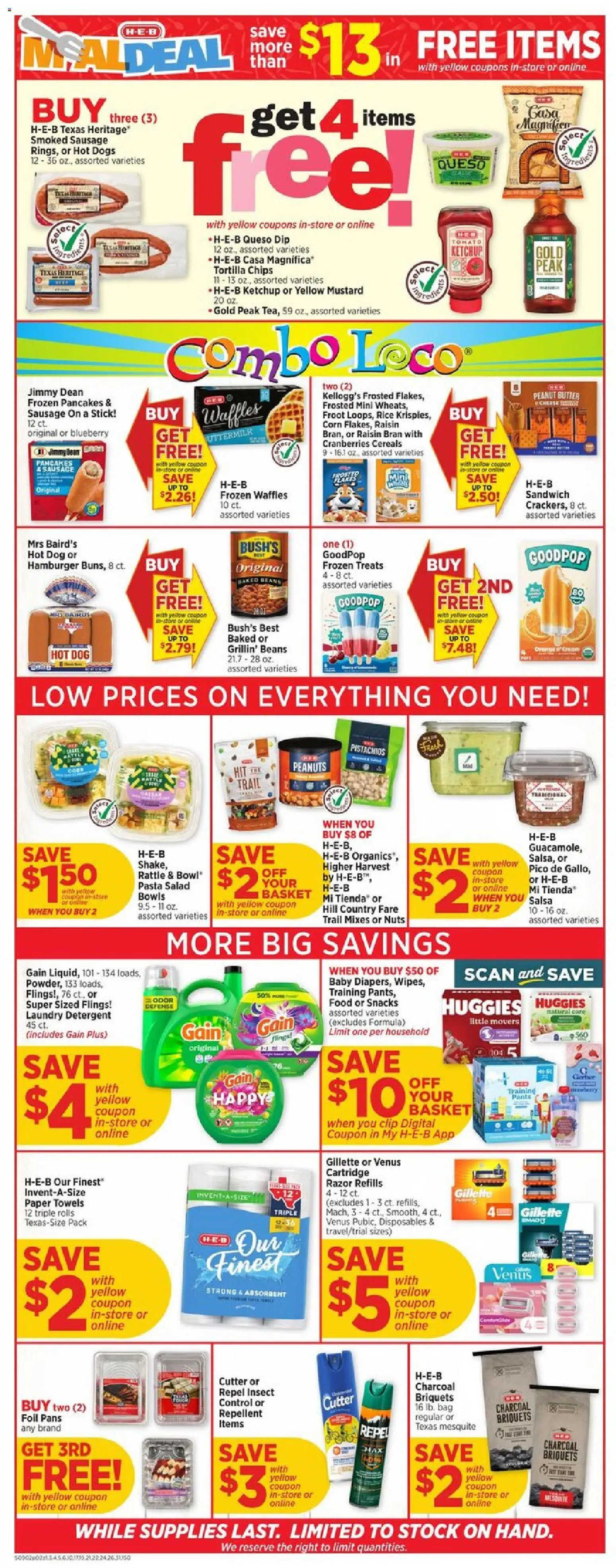H-E-B Weekly Ad - valid from 09/02/2026 | Page: 2 | Products: Cereals, Sausage, Paper towels, Hot Dogs