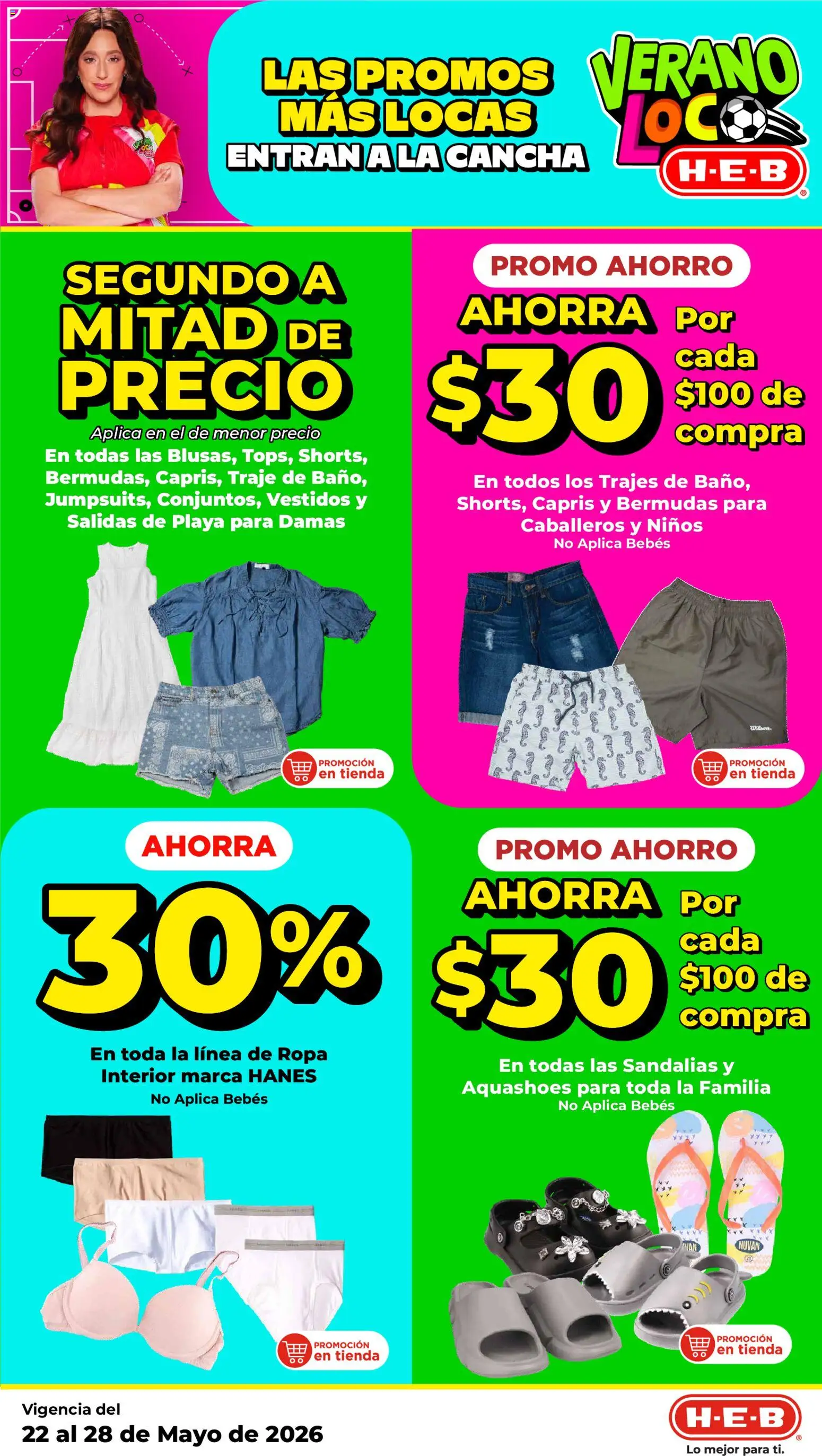 Nuevas ofertas de H-E-B válidas en toda la República Mexicana desde el 21.05.2026. ¡Encuentra las mejores ofertas en H-E-B folleto! | Página: 11 | Productos: Traje, Bermudas, Ropa interior, Sandalias