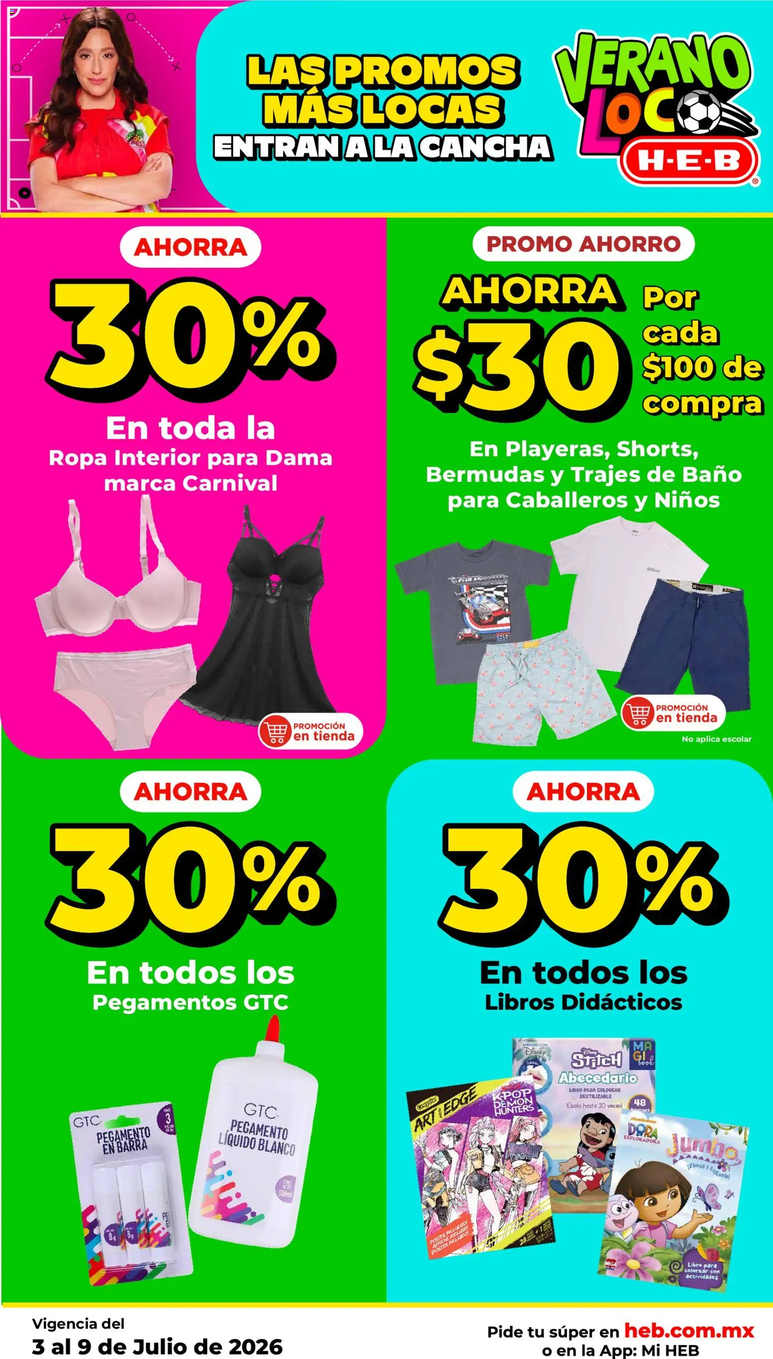 Nuevas ofertas de H-E-B válidas en toda la República Mexicana desde el 03/07/2026. ¡Encuentra las mejores ofertas en H-E-B folleto! | Página: 21 | Productos: Bermudas, Pegamento, Barra, Ropa interior