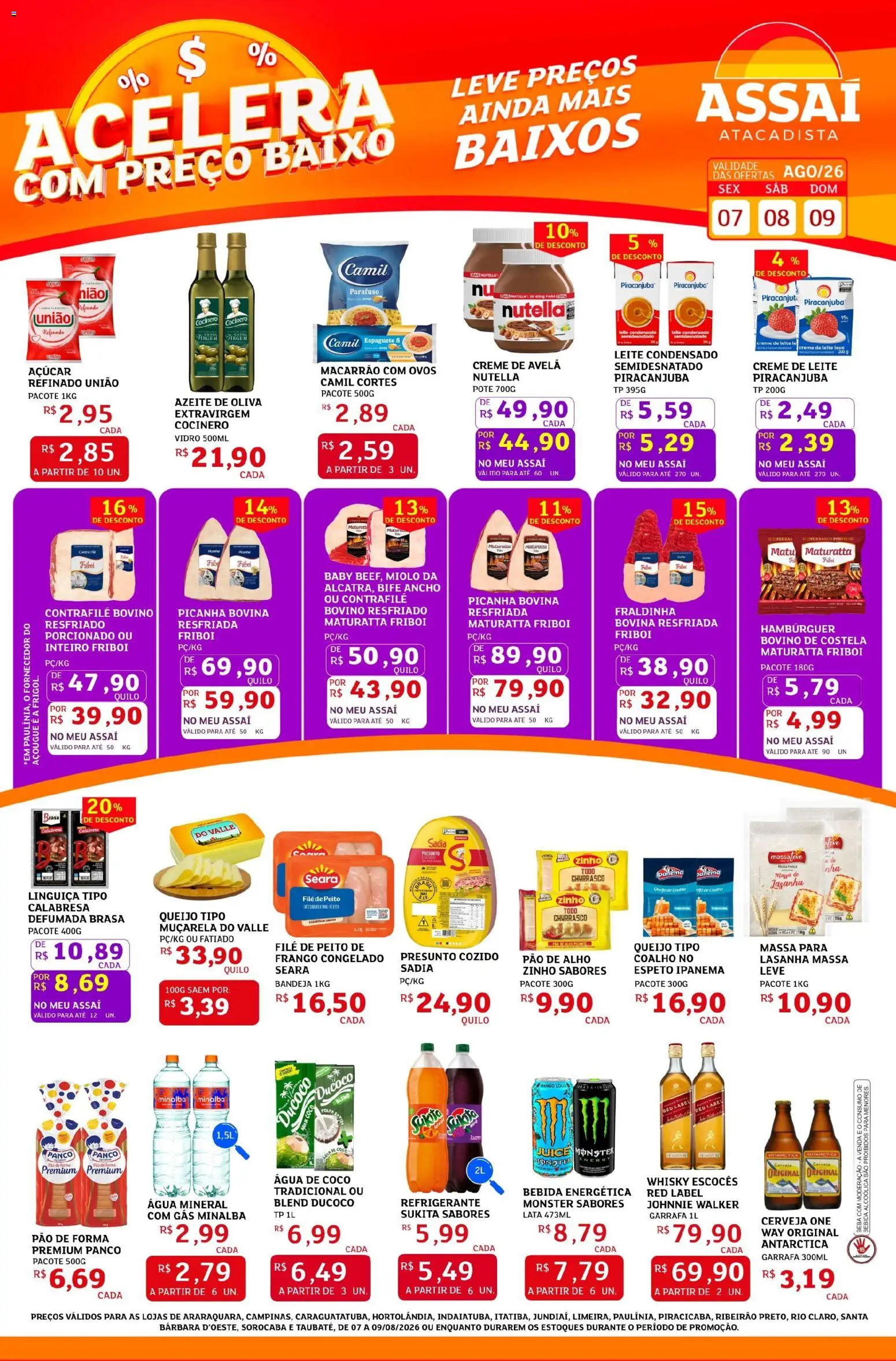 Assaí Atacadista Folheto - válido de 07/08/2026 | Página: 1 | Produtos: Água de coco, Leite, Hambúrguer, Bandeja
