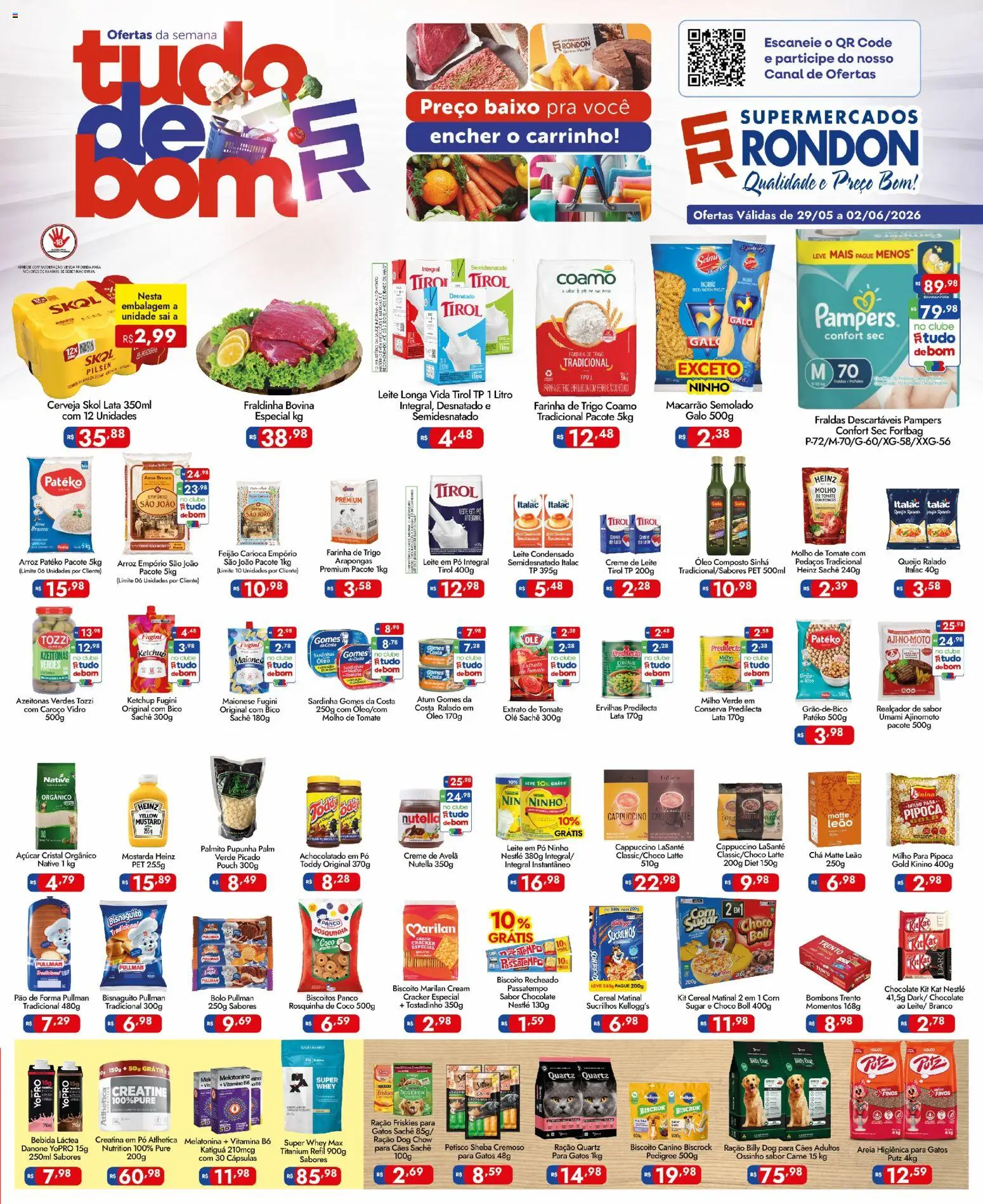 Supermercados Rondon Folheto - válido de 29.05.2026 | Página: 1 | Produtos: Creatina, Azeitonas, Areia, Milho verde
