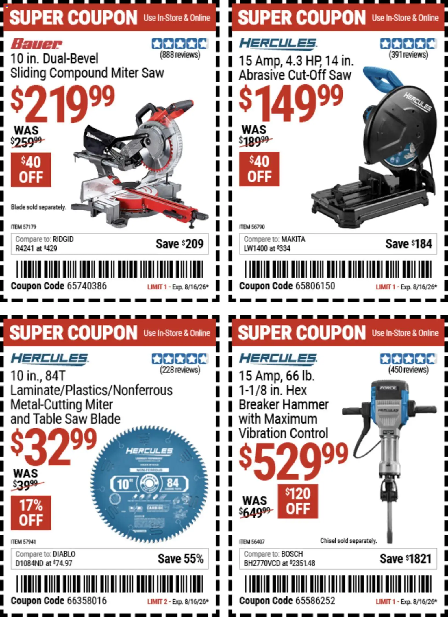 Harbor Freight Weekly Ad - valid from 08/03/2026 | Page: 8 | Products: Saw, Hammer, Miter Saw, Chisel