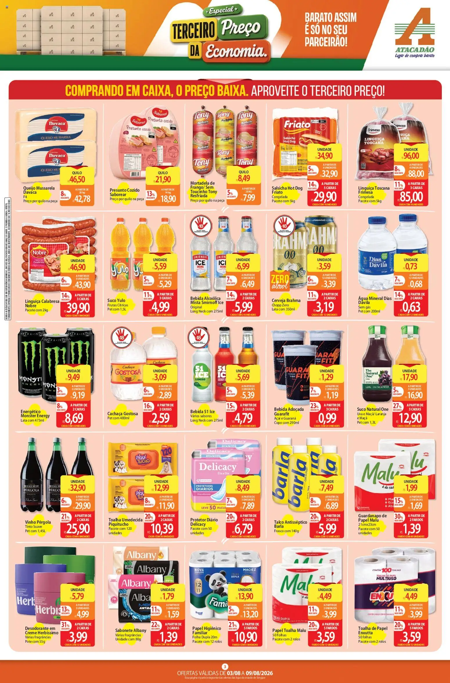 Atacadão Folheto - válido de 03/08/2026 | Página: 3 | Produtos: Creme, Bebida, Toalha umedecida, Mussarela