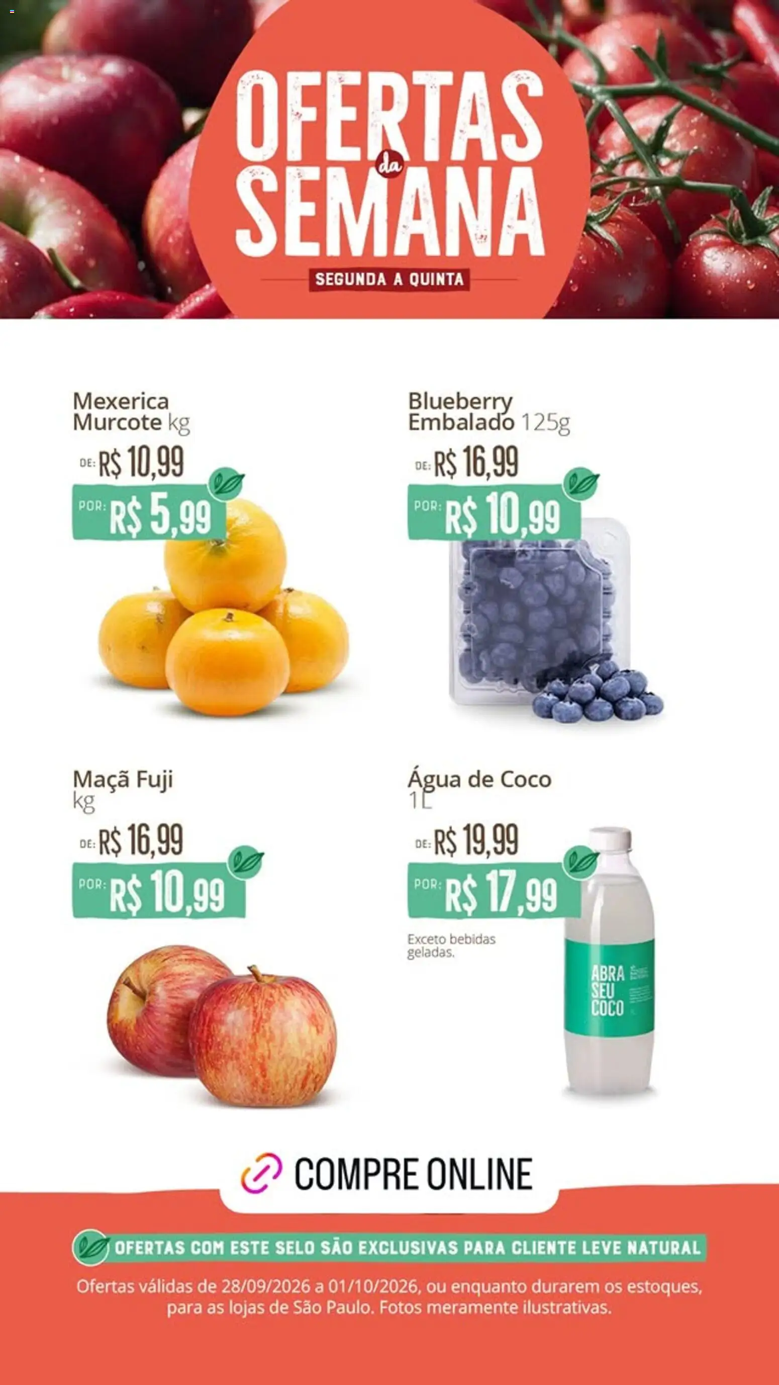 Natural da Terra Folheto - válido de 28/09/2026 | Página: 1 | Produtos: Coco, Mexerica, Bebidas, Água