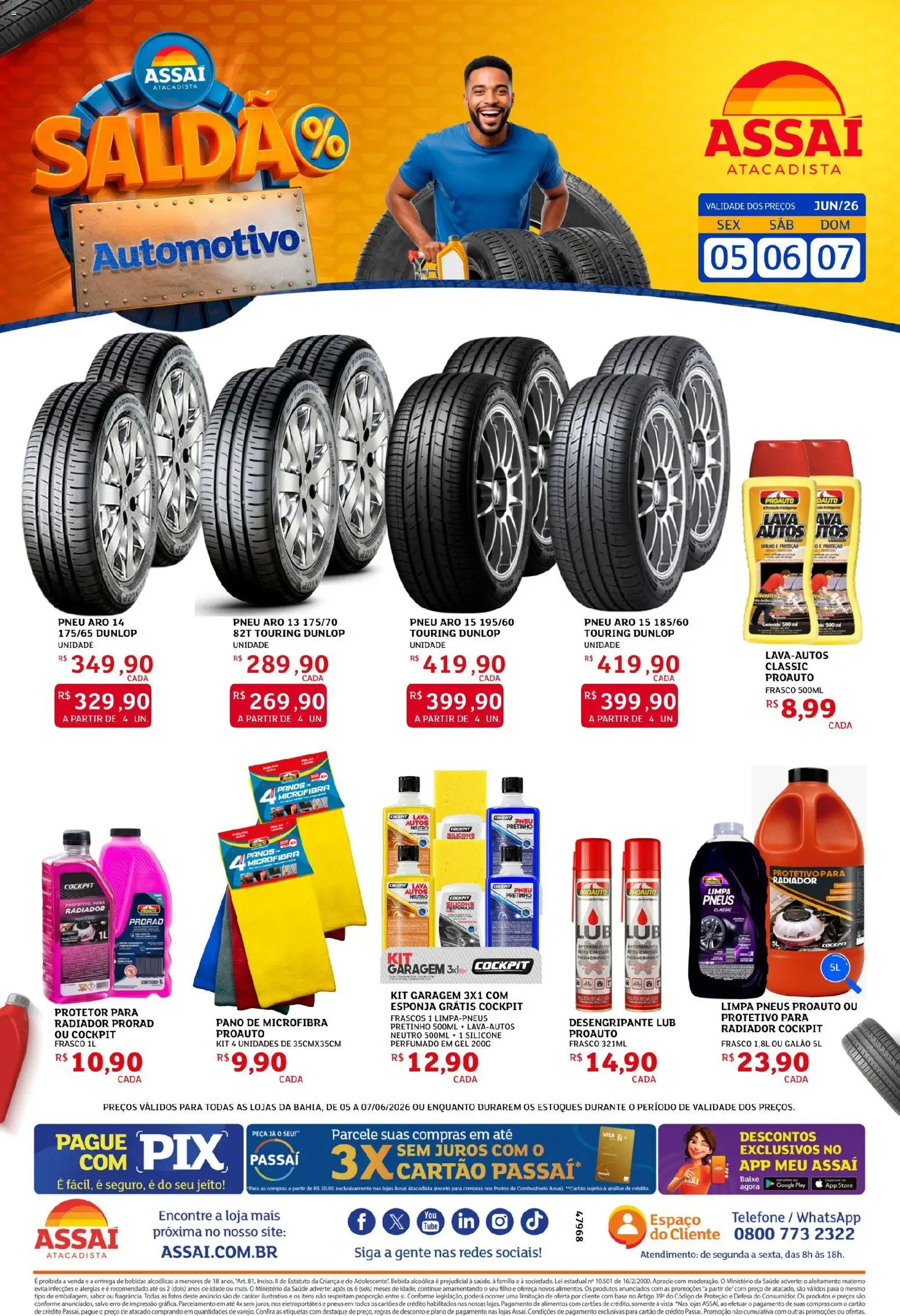 Assaí Atacadista Folheto - válido de 05.06.2026 | Página: 1 | Produtos: Pneu, Radiador, Pneus, Telefone
