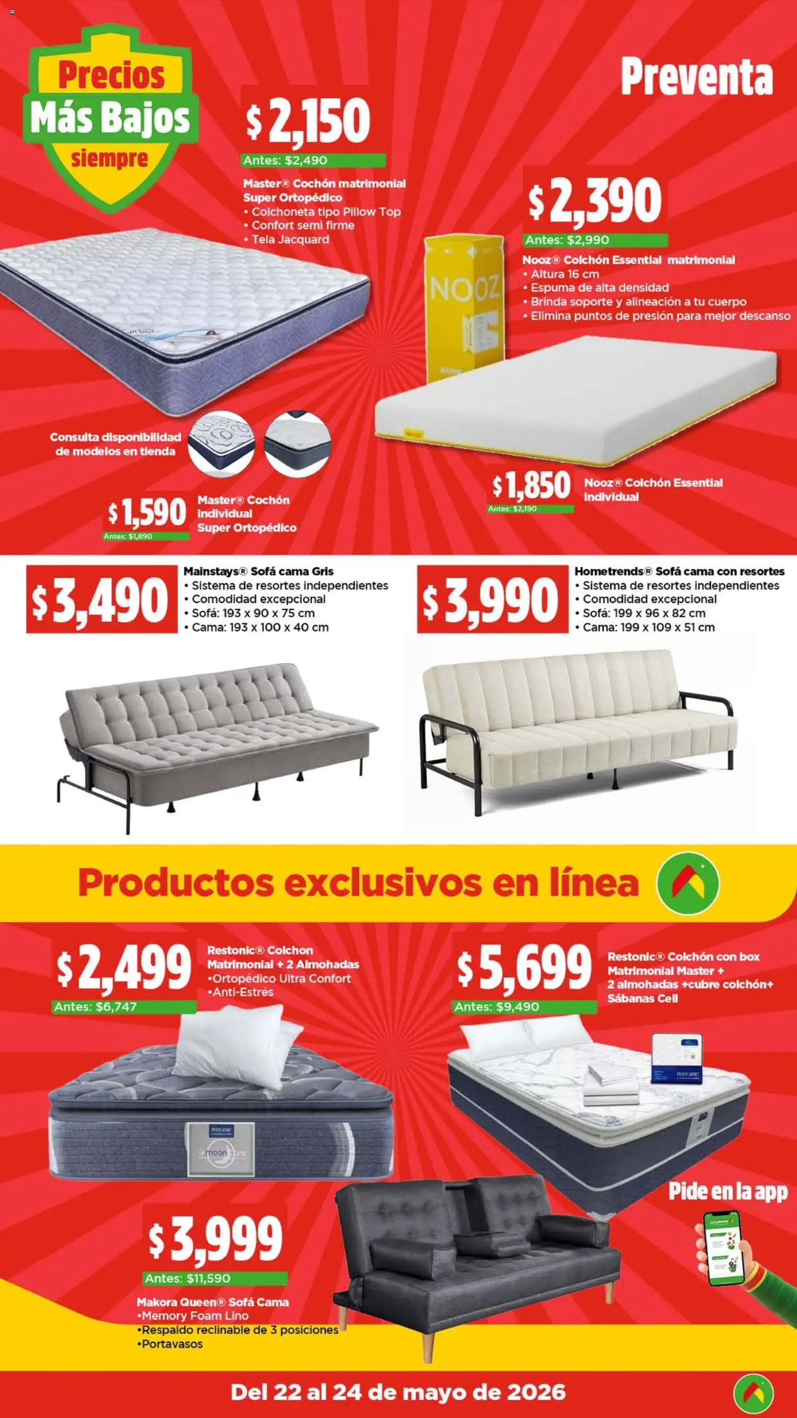 Nuevas ofertas de Bodega Aurrerá válidas en toda la República Mexicana desde el 22.05.2026. ¡Encuentra las mejores ofertas en Bodega Aurrerá folleto El precio más bajo de México! | Página: 20 | Productos: Espuma, Colchón, Top, Sabanas