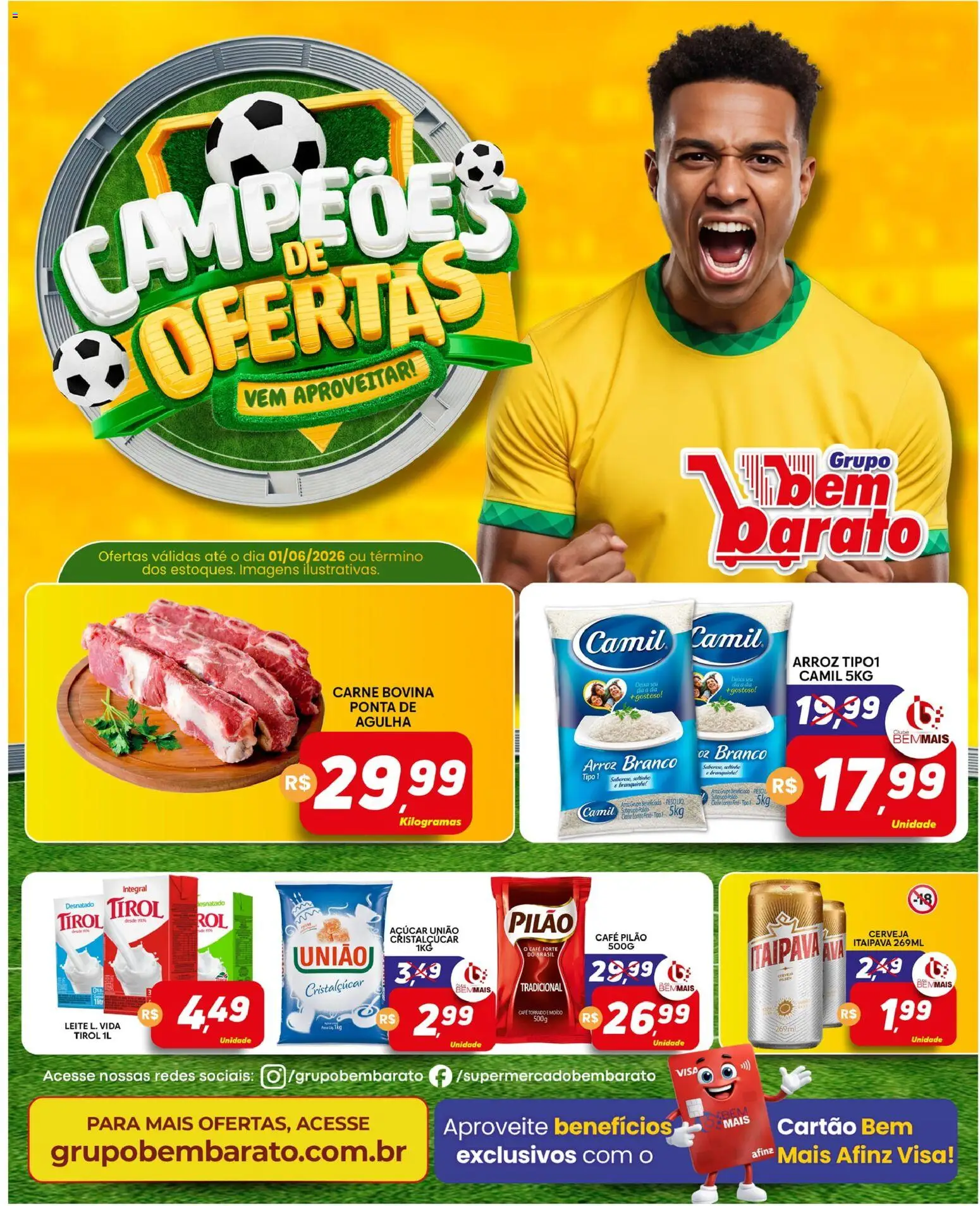 Supermercado Bem Barato Folheto - válido de 26.05.2026 | Página: 1 | Produtos: Leite, Cerveja, Arroz, Carne