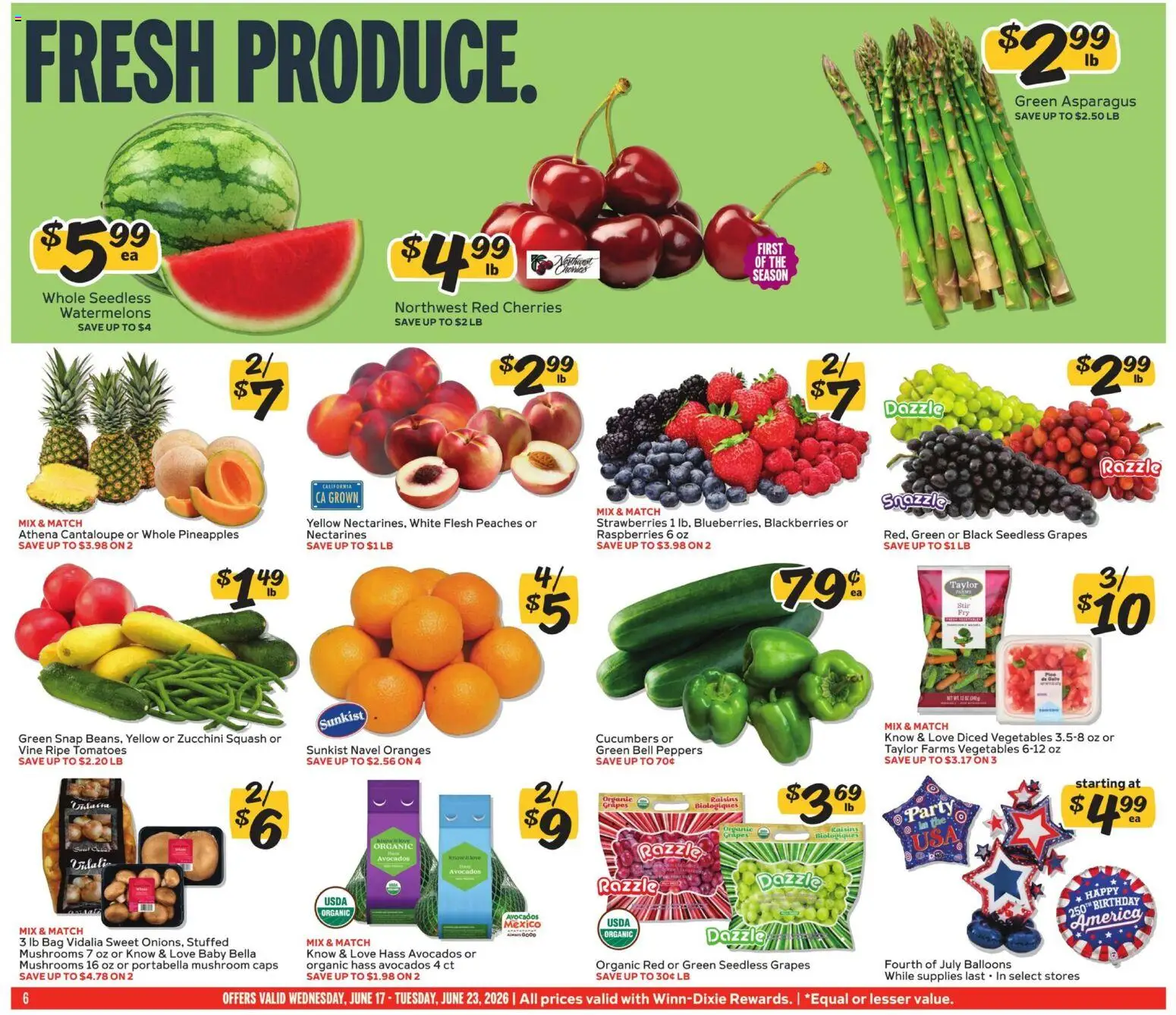 Winn Dixie Weekly Ad - valid from 17.06.2026 | Page: 6 | Products: Peppers, Cucumbers, Grapes, Bag