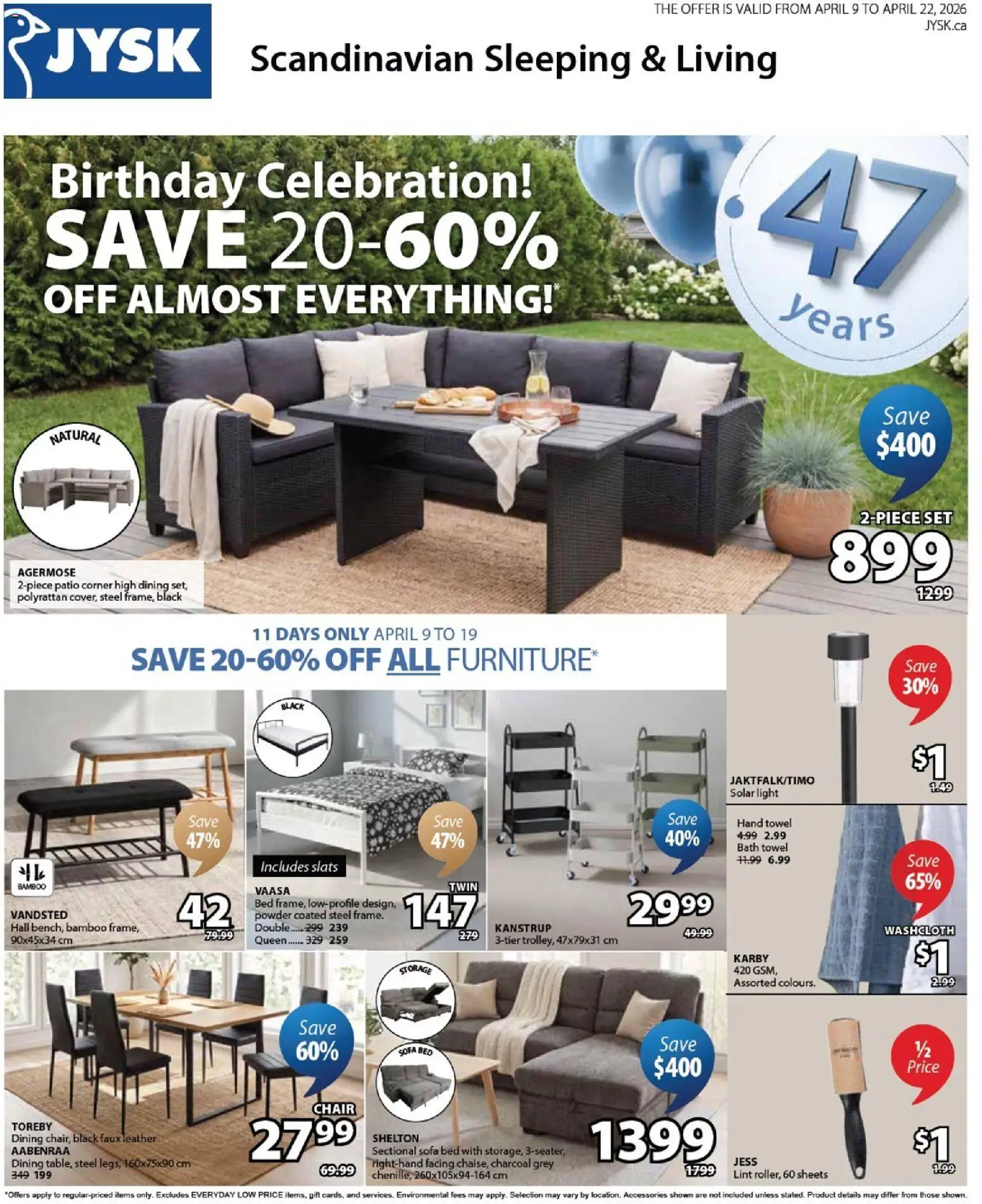 JYSK flyer valid from 09.04.2026 | Page: 1 | Products: Powder, Bed, Sofa, Bath