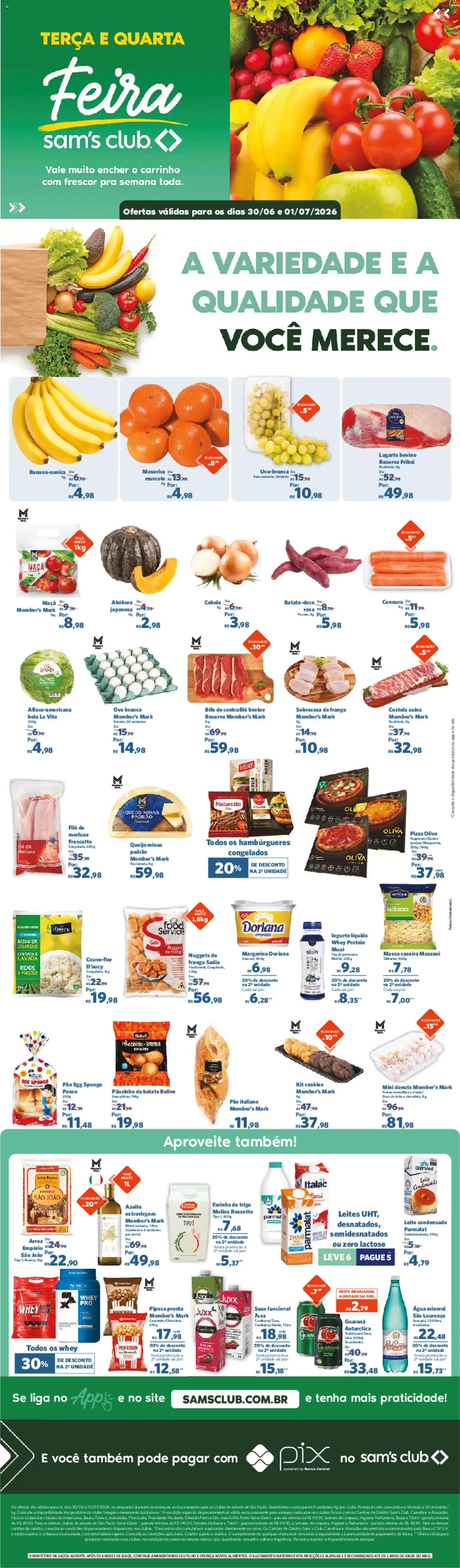 Sam's Club Folheto - válido de 30/06/2026 | Página: 1 | Produtos: Queijo, Pão, Cenoura, Água mineral