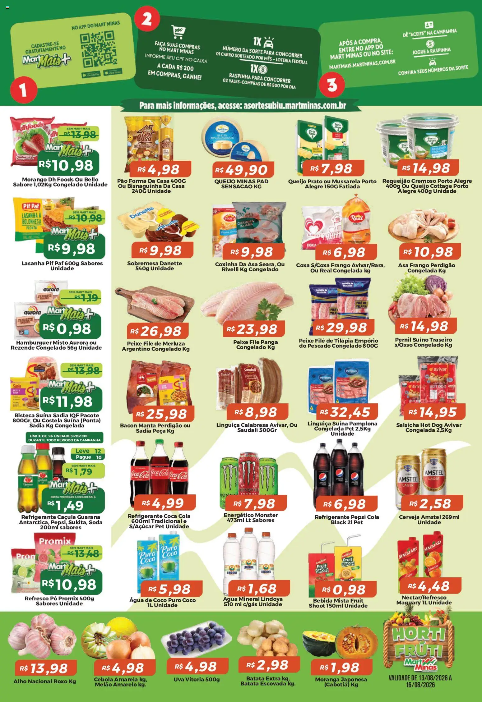 Mart Minas Folheto - válido de 13/08/2026 | Página: 2 | Produtos: Melão, Cottage, Hambúrguer, Monster