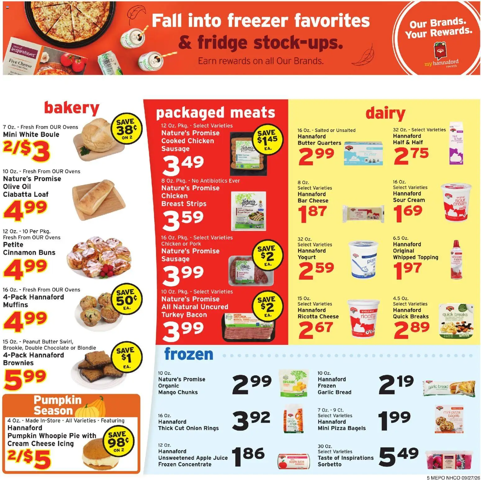 Hannaford Weekly Flyer - valid from 09/27/2026 | Page: 5 | Products: Cream cheese, Yogurt, Whole milk, Pumpkin