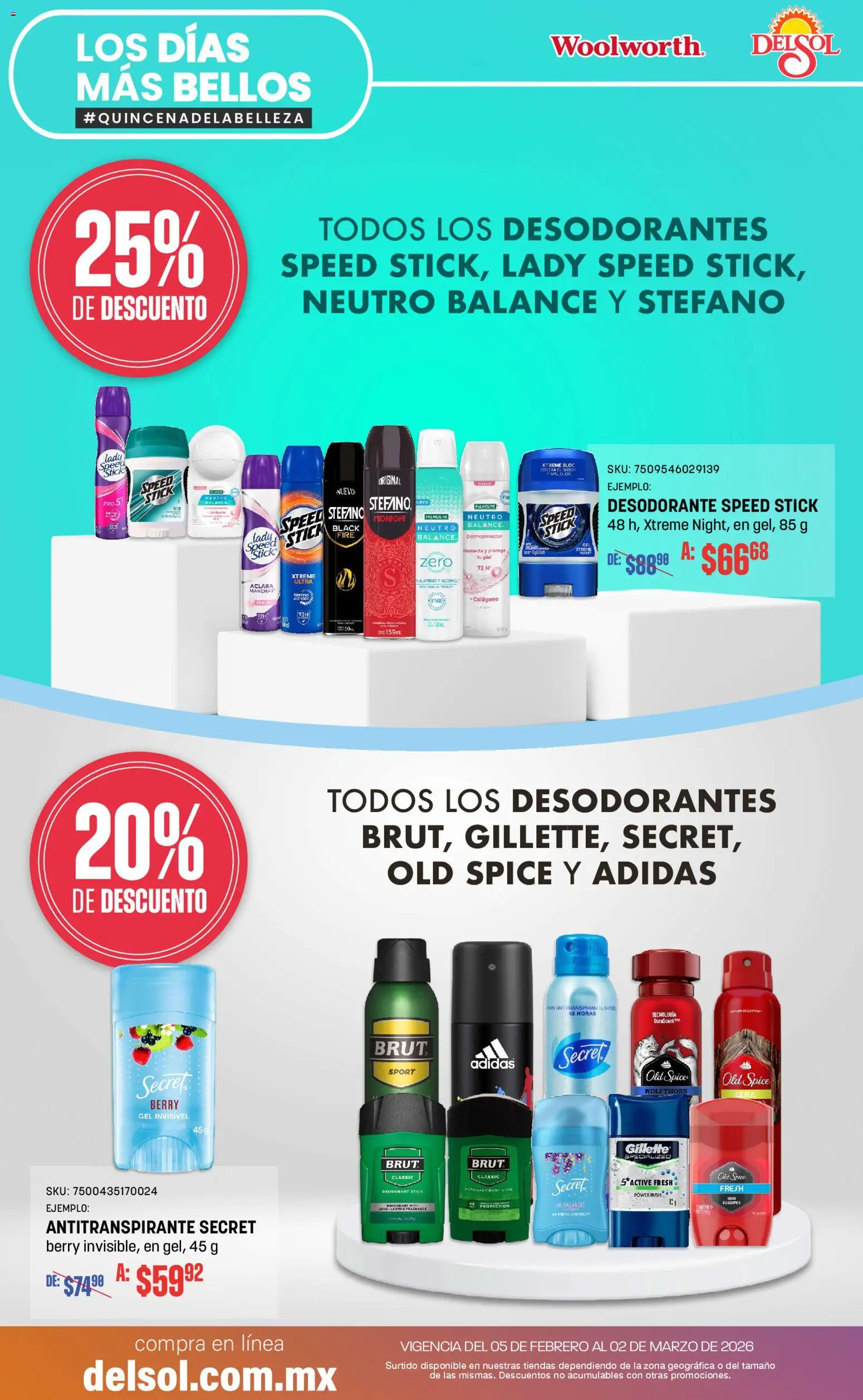 Nuevas ofertas de Del Sol y Woolworth válidas en toda la República Mexicana desde el 05/02/2026. ¡Encuentra las mejores ofertas en Del Sol y Woolworth catálogo! | Página: 11 | Productos: Desodorante, Antitranspirante, Termo