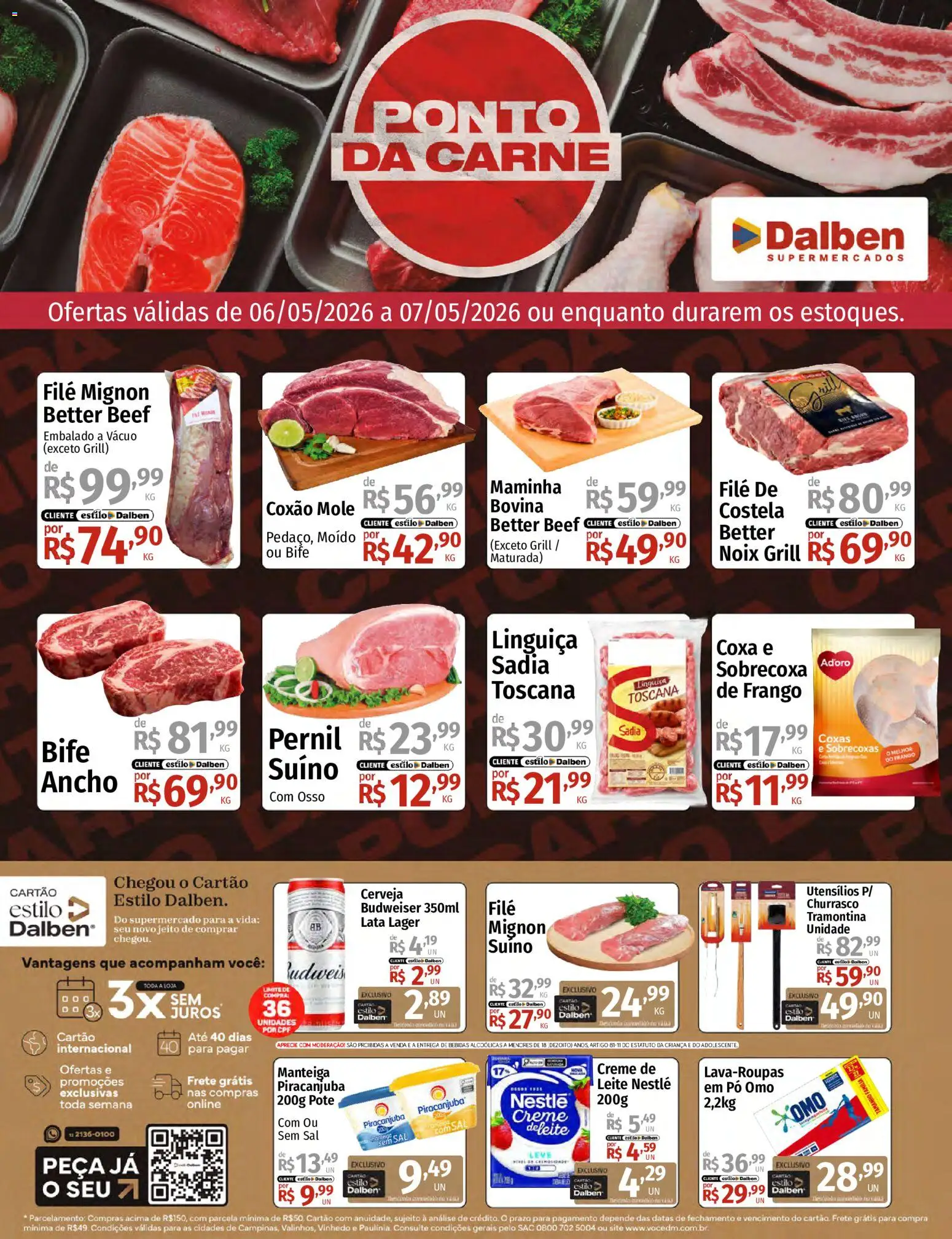 Supermercado Dalben Folheto - válido de 06.05.2026 | Página: 1 | Produtos: Linguiça, Filé mignon, Leite, Carne