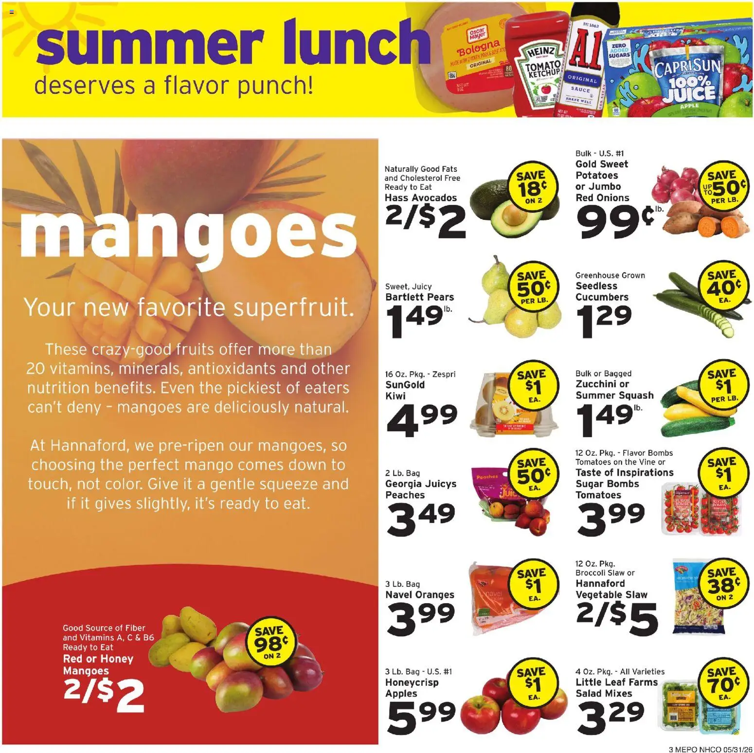Hannaford Weekly Ad - valid from 31.05.2026 | Page: 3 | Products: Peaches, Juice, Kiwi, Mango