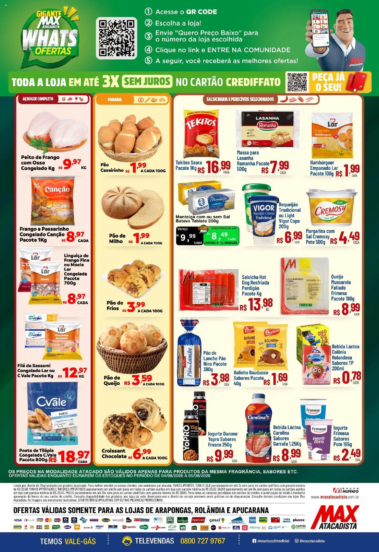Max Atacadista Folheto - válido de 04/08/2026 | Página: 2 | Produtos: Moela, Pão, Pneus, Requeijão