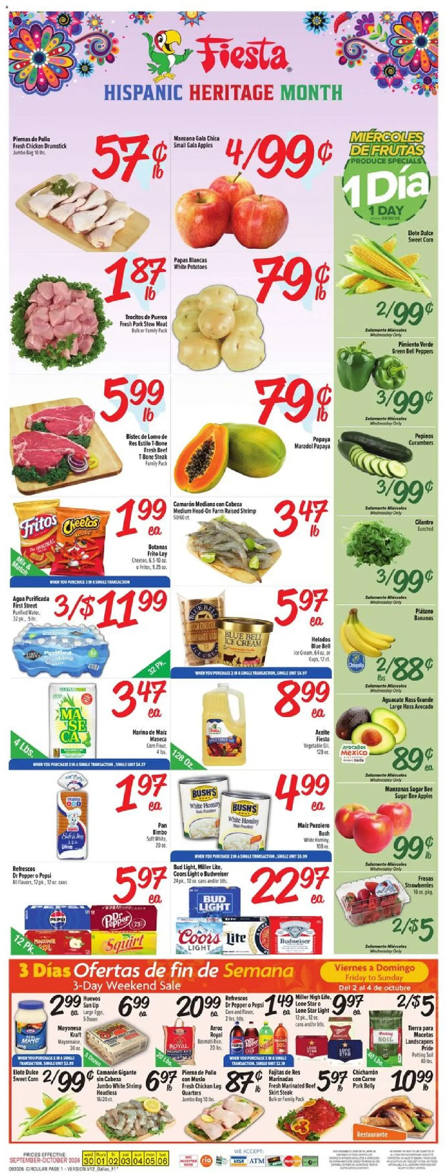 Fiesta Mart Weekly Ad - valid from 09/30/2026 | Page: 1 | Products: Soil, Pork belly, Beef, Pepsi