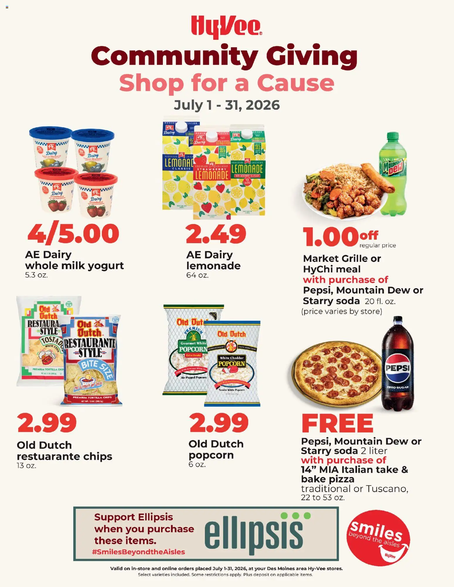 HyVee Community Giving - Shop for a Cause July 2026 - valid from 07/01/2026 | Page: 1 | Products: Milk, Yogurt, Pizza, Chips