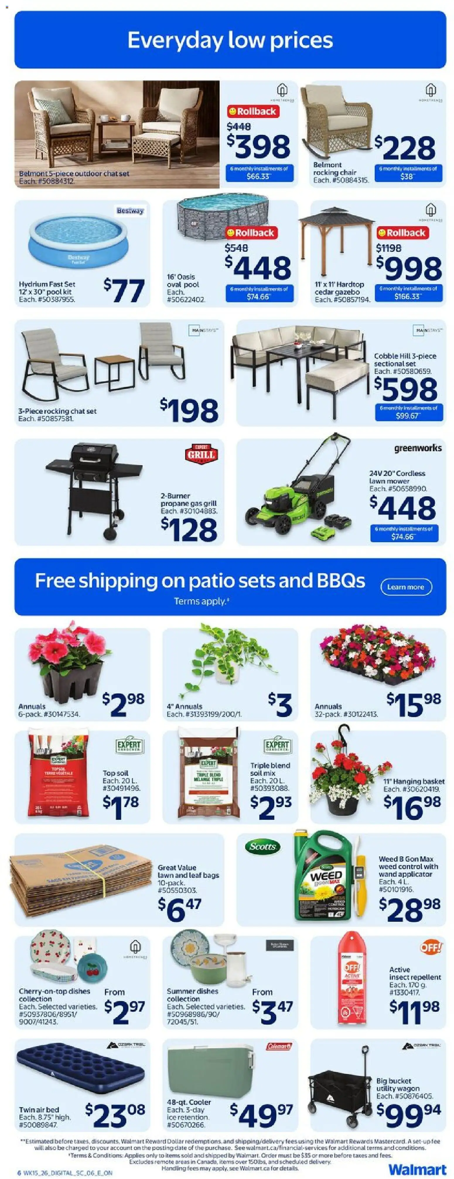 Walmart flyer valid from 07.05.2026 | Page: 9 | Products: Grill, Mower, Bed, Chair