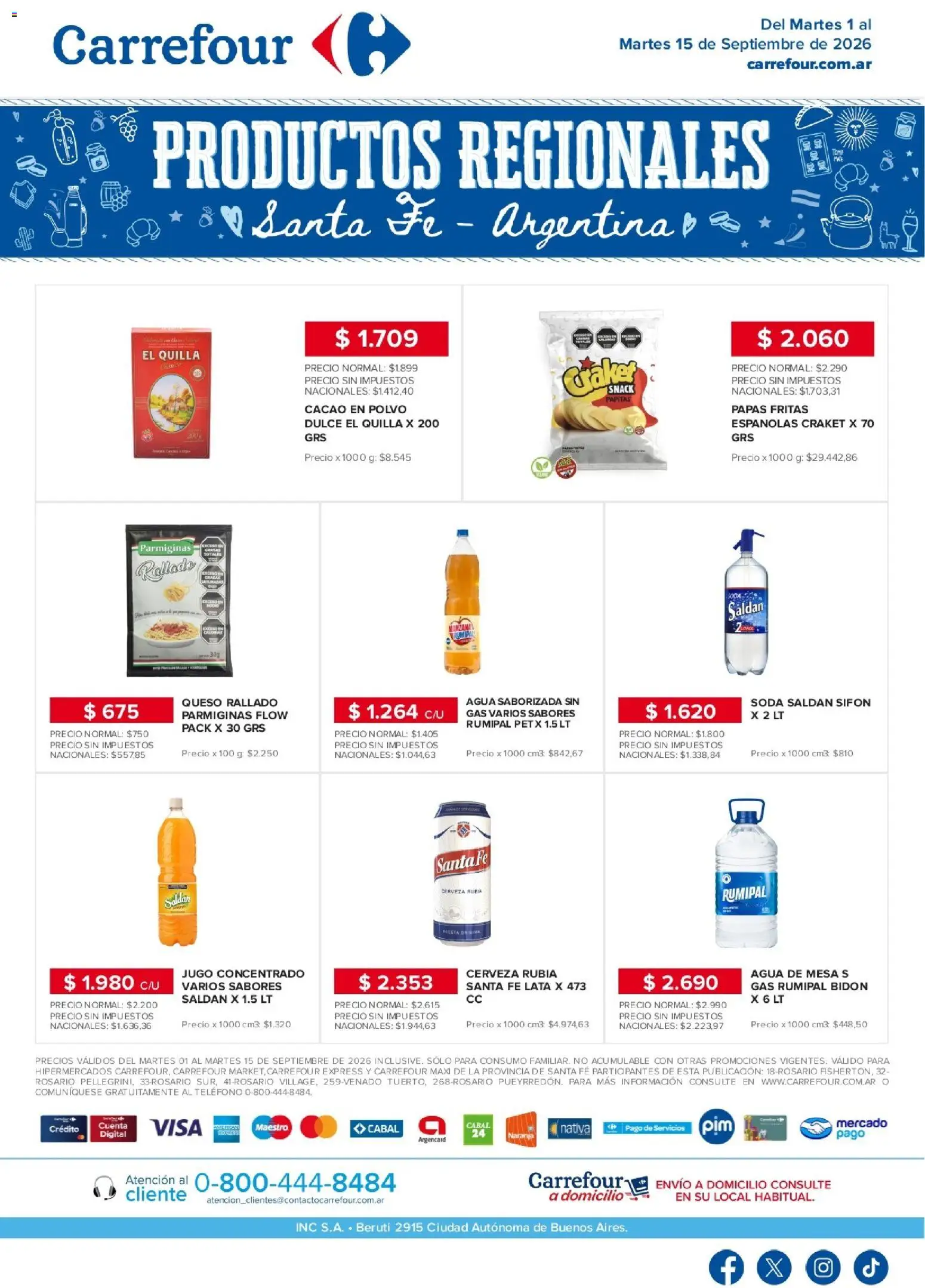 Carrefour - Regionales | Santa Fe │ válido desde el 01/09/2026 | Página: 1 | Productos: Teléfono, Rosario, Dulce, Papas fritas