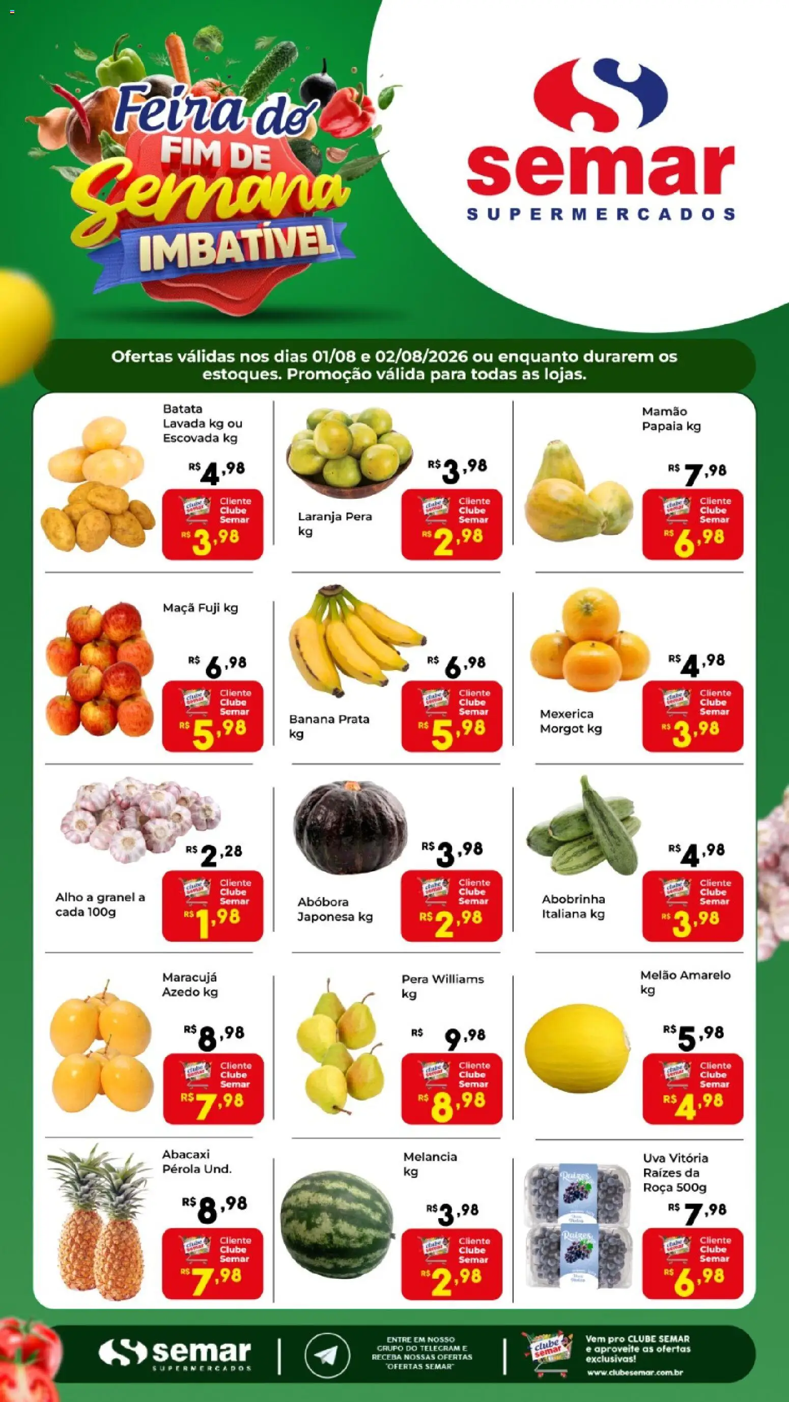 Semar Supermercado Folheto - válido de 01/08/2026 | Página: 1 | Produtos: Melancia, Mexerica, Abóbora, Abacaxi
