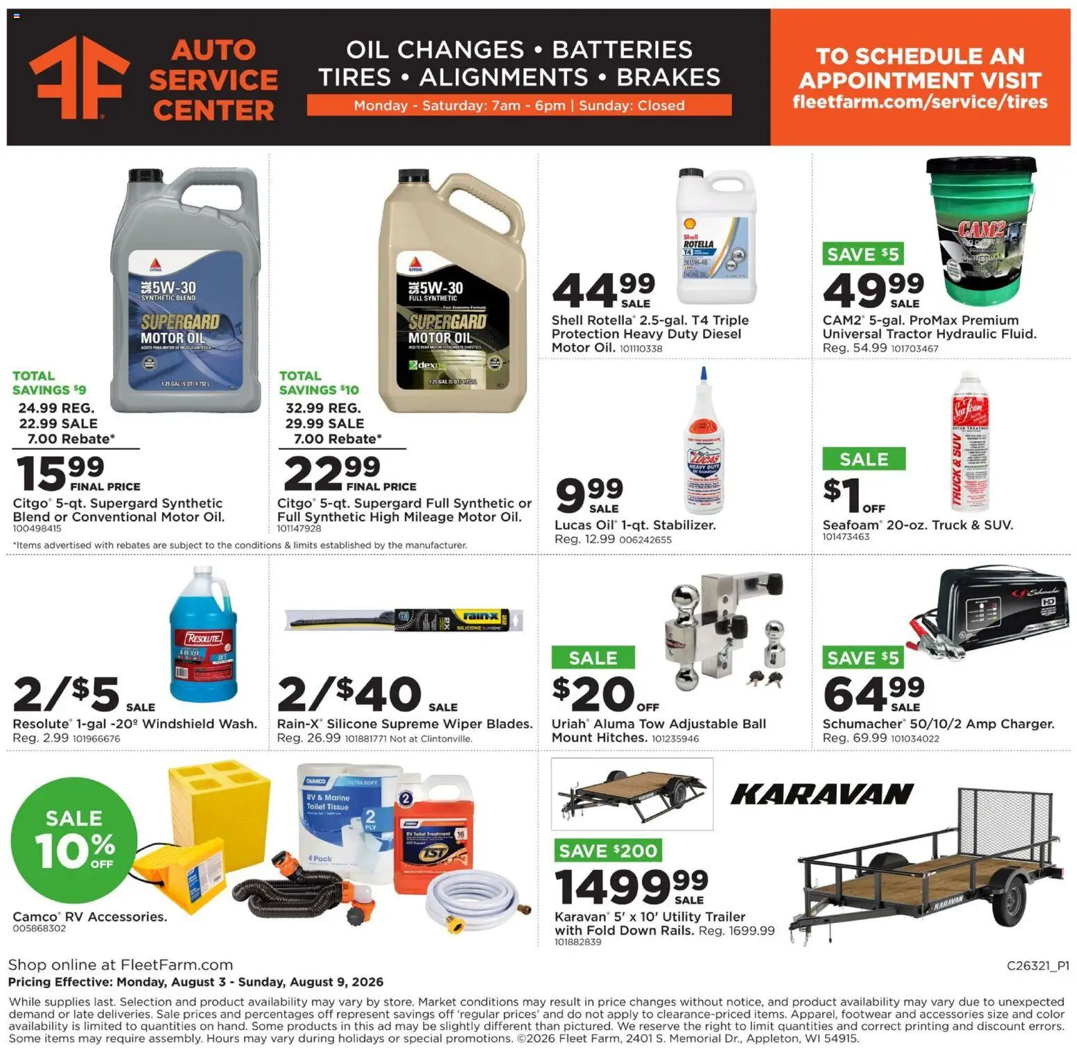 Mills Fleet Farm Weekly Ad - valid from 08/03/2026 | Page: 26 | Products: Oil, Wiper, Windshield, Motor Oil