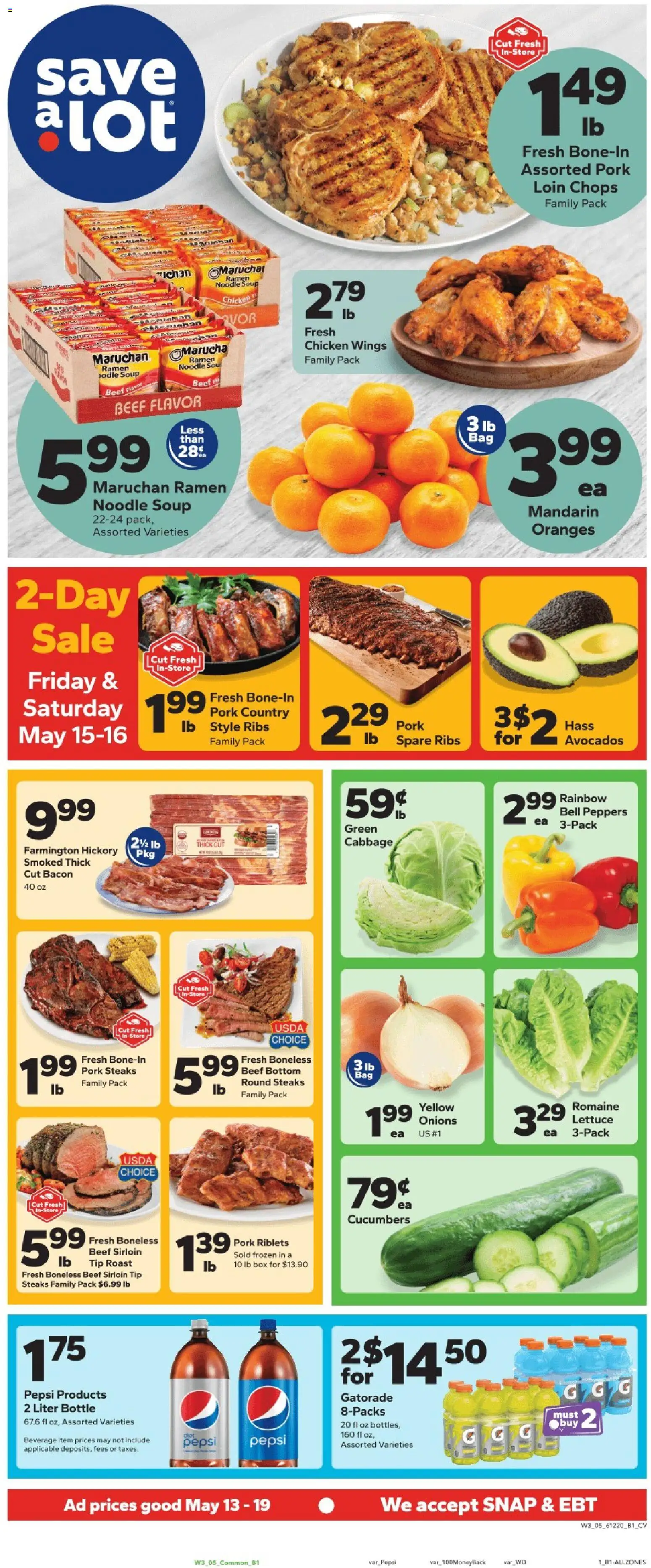 Save a Lot Weekly Ad - valid from 13.05.2026 | Page: 1 | Products: Romaine, Pork, Cucumbers, Cabbage