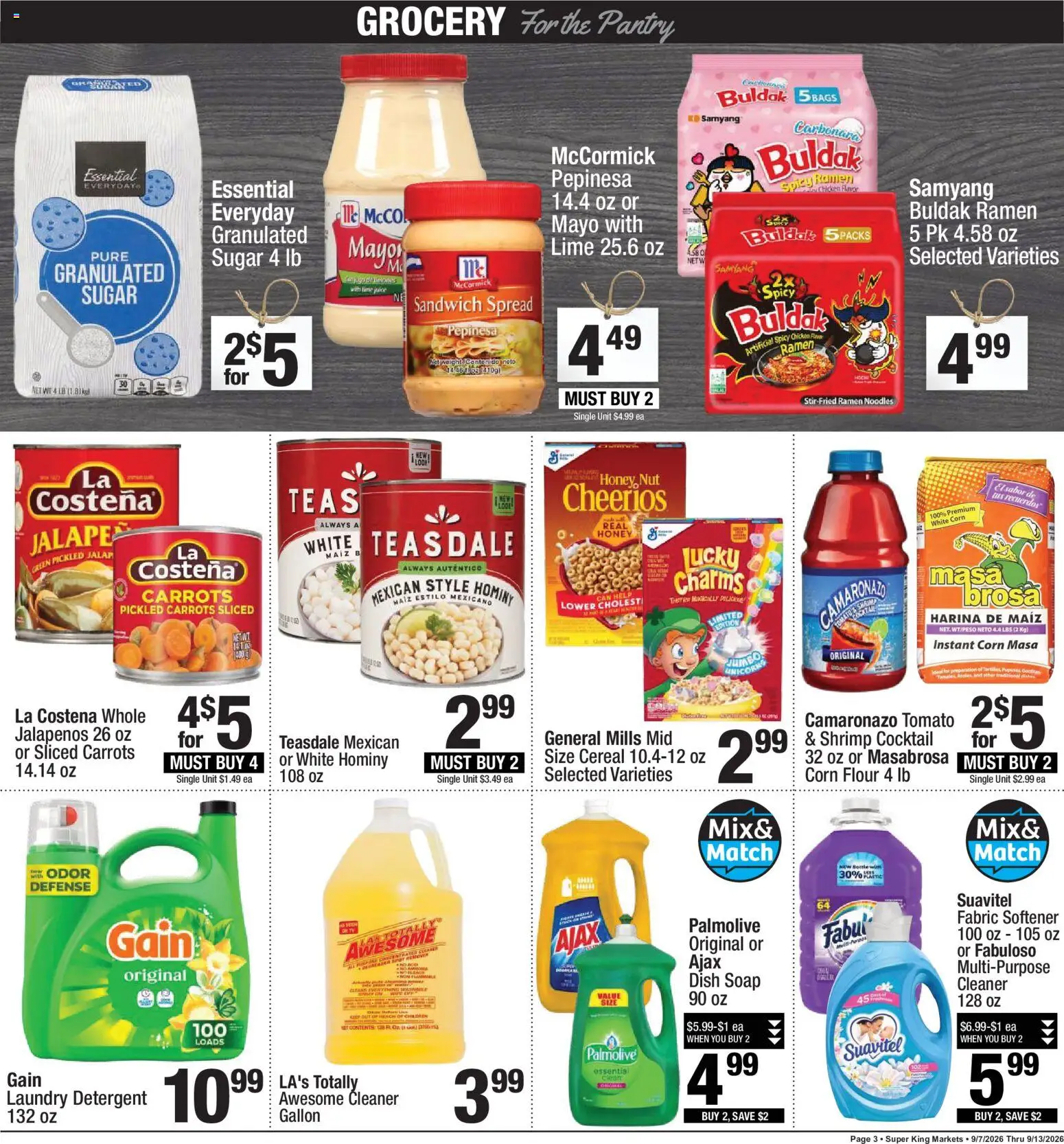 Super King Weekly Ad - valid from 09/07/2026 | Page: 3 | Products: Granulated sugar, Laundry detergent, Chicken, Lime