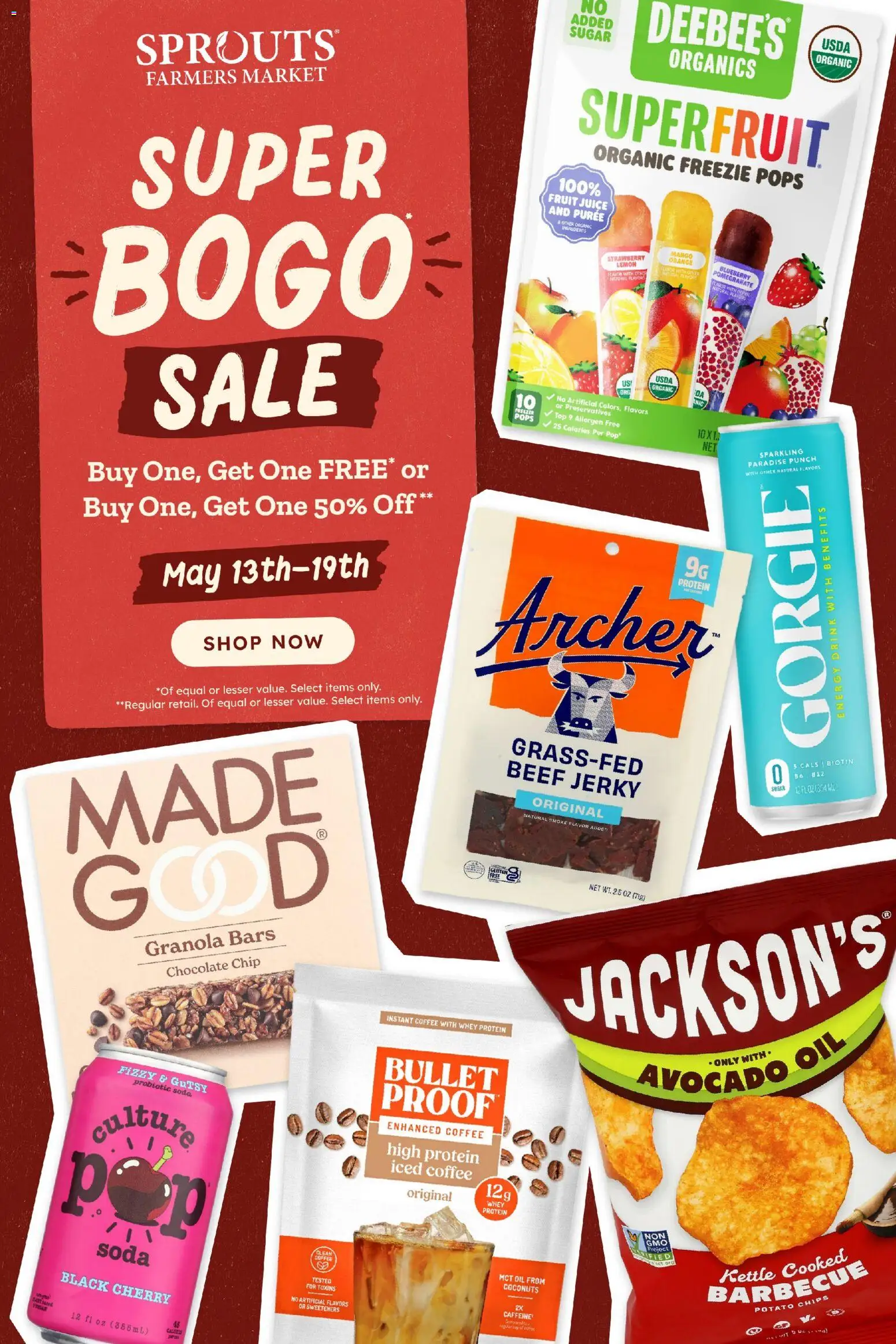 Sprouts Weekly Ad - valid from 13.05.2026 | Page: 1 | Products: Juice, Beef, Chocolate Chip, Kettle