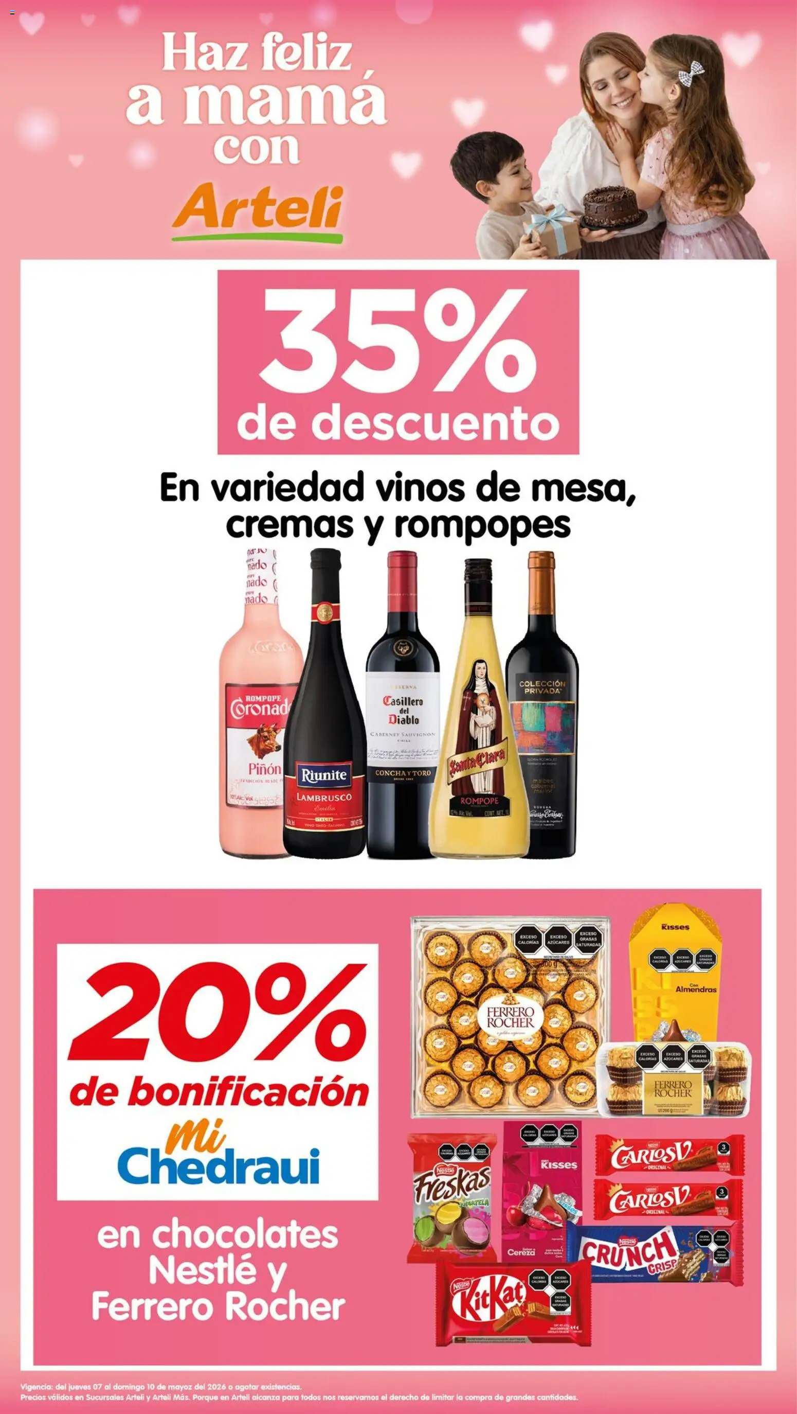 Nuevas ofertas de Arteli válidas en toda la República Mexicana desde el 07.05.2026. ¡Encuentra las mejores ofertas en Arteli folleto Haz feliz a mamá! | Página: 1 | Productos: Almendras, Vino