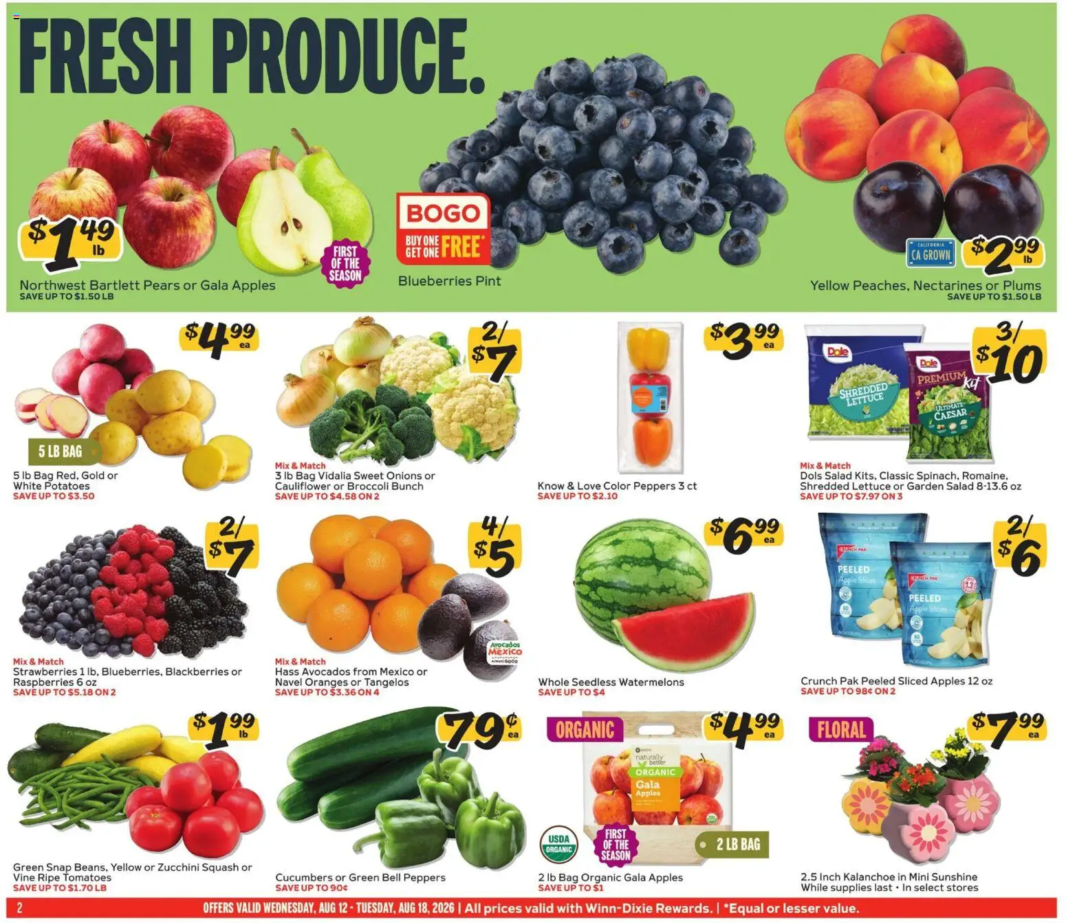 Winn Dixie Weekly Ad - valid from 08/12/2026 | Page: 2 | Products: Nectarines, Zucchini, Cucumbers, Pears