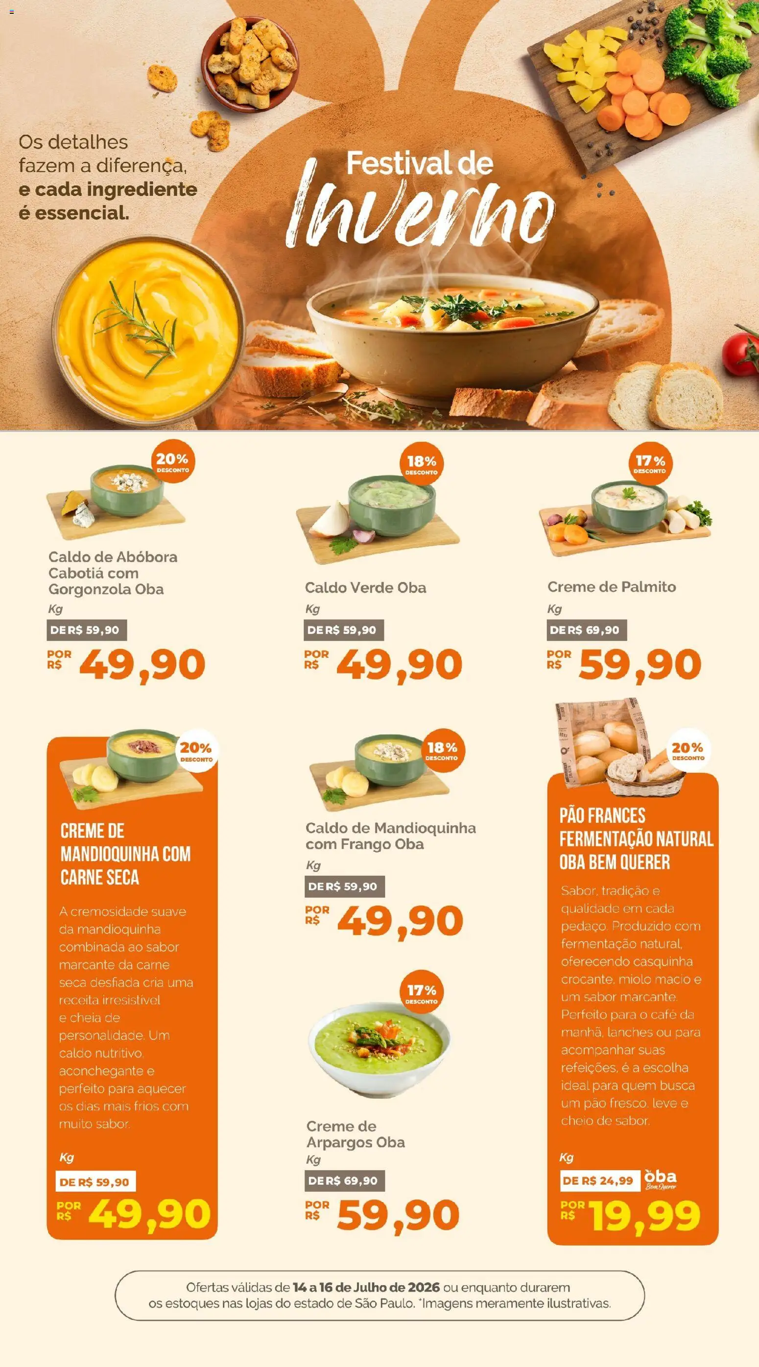 Oba Hortifruti Folheto - válido de 14/07/2026 | Página: 4 | Produtos: Abóbora, Palmito, Creme, Pão francês