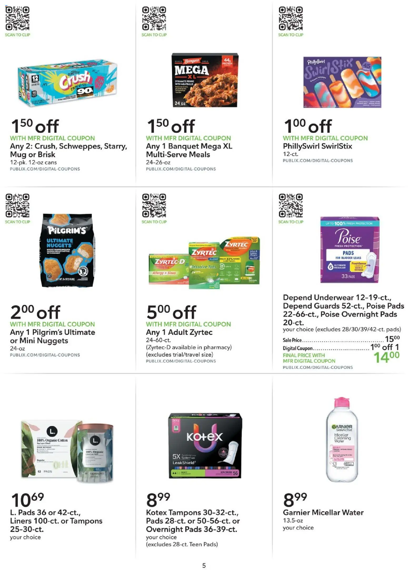 Publix Extra Savings - valid from 07/29/2026 | Page: 5 | Products: Micellar water, Pads, Tampons, Water