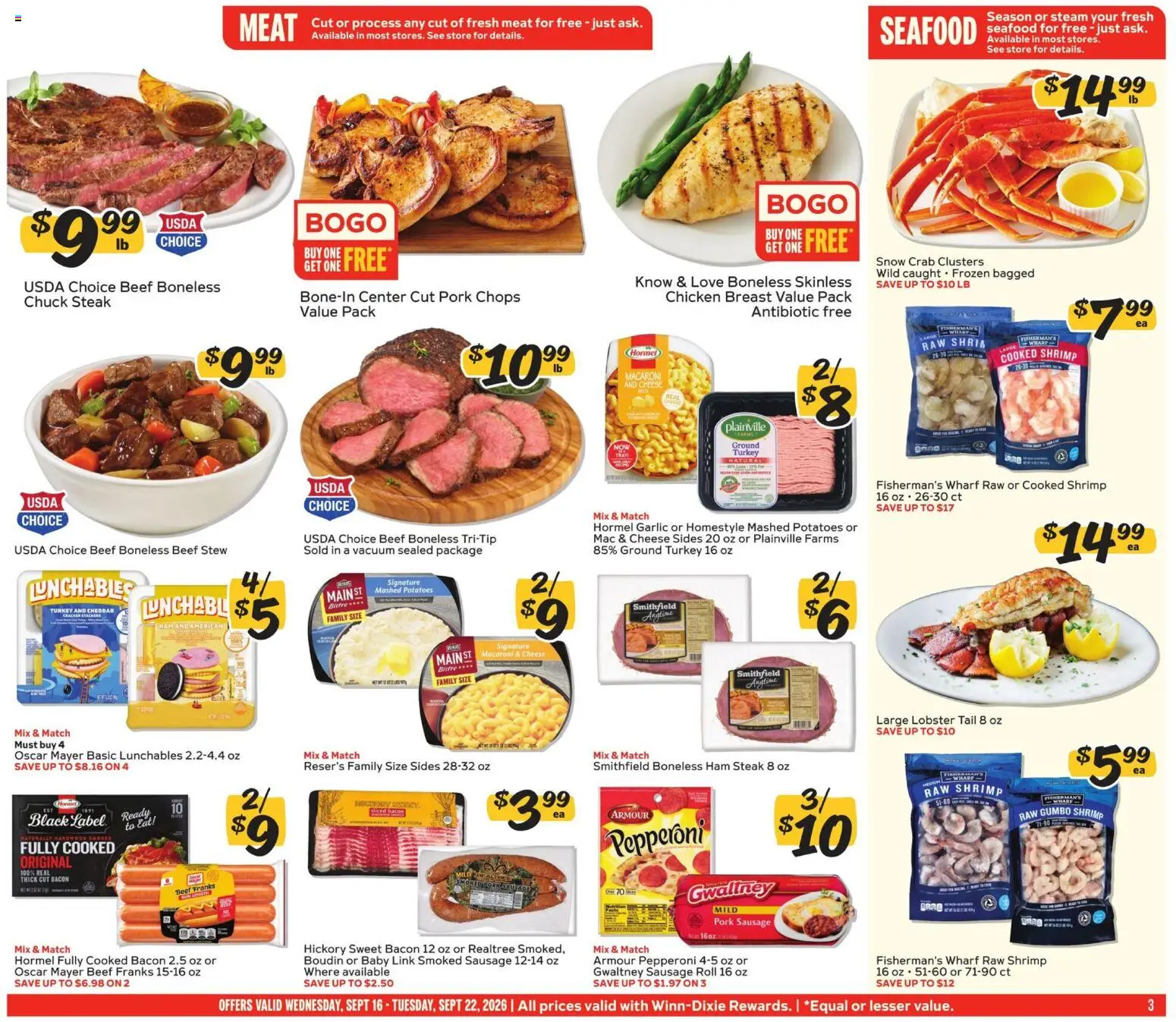Winn Dixie Weekly Ad - valid from 09/16/2026 | Page: 3 | Products: Turkey, Chicken, Beef, Seafood