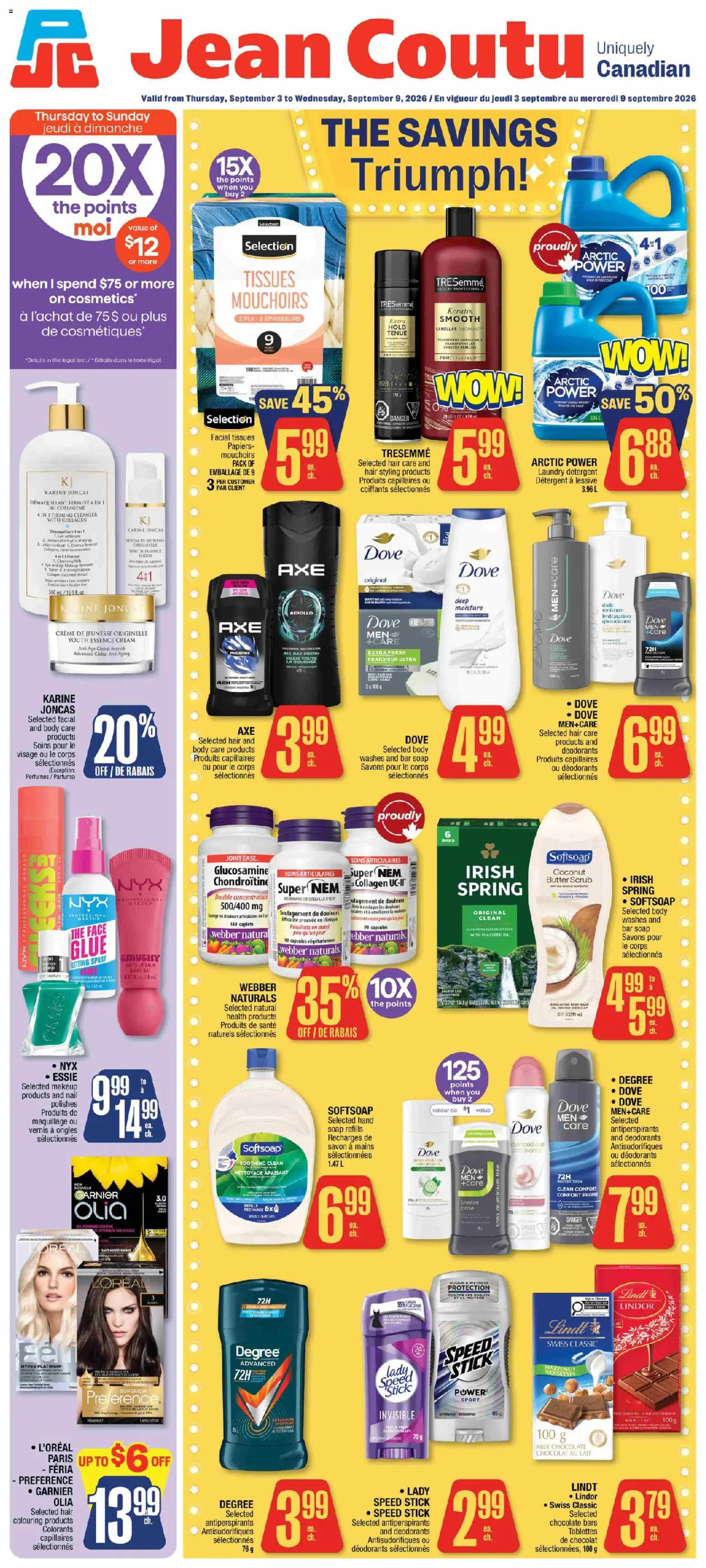 Jean Coutu flyer valid from Sep 3, 2026 | Page: 1 | Products: Tissues, Capsules, Oil, Lip balm