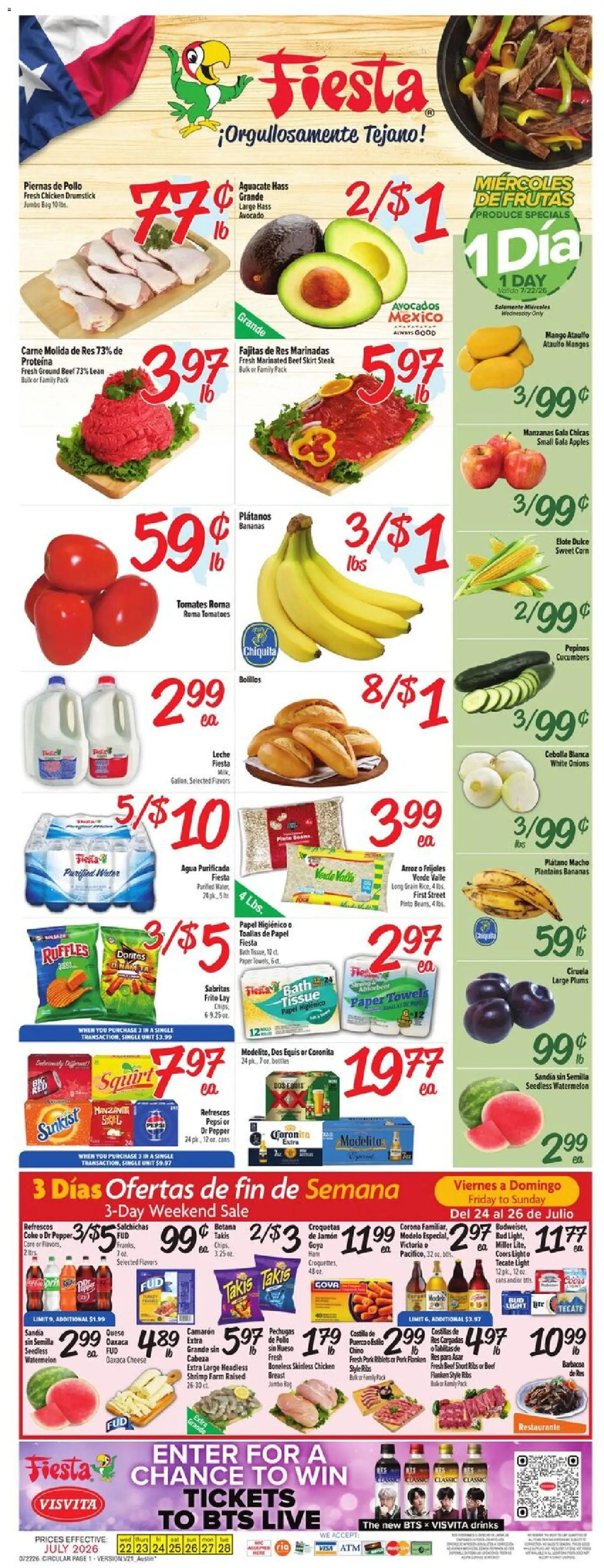 Fiesta Mart Weekly Ad - valid from 07/22/2026 | Page: 1 | Products: Cheese, Beef, Avocado, Mango