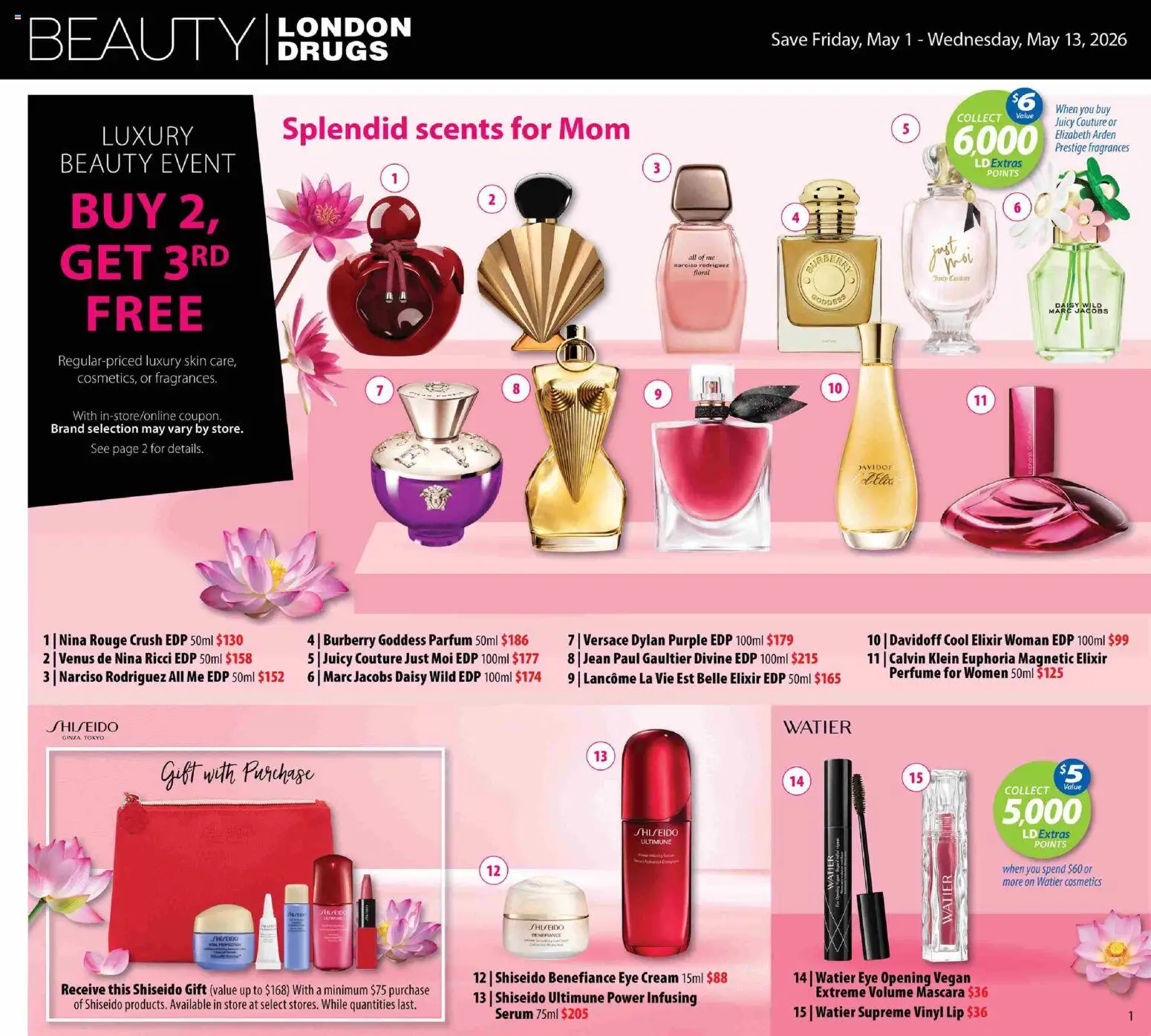 London Drugs flyer valid from 01.05.2026 | Page: 4 | Products: Cream, Perfume, Mascara