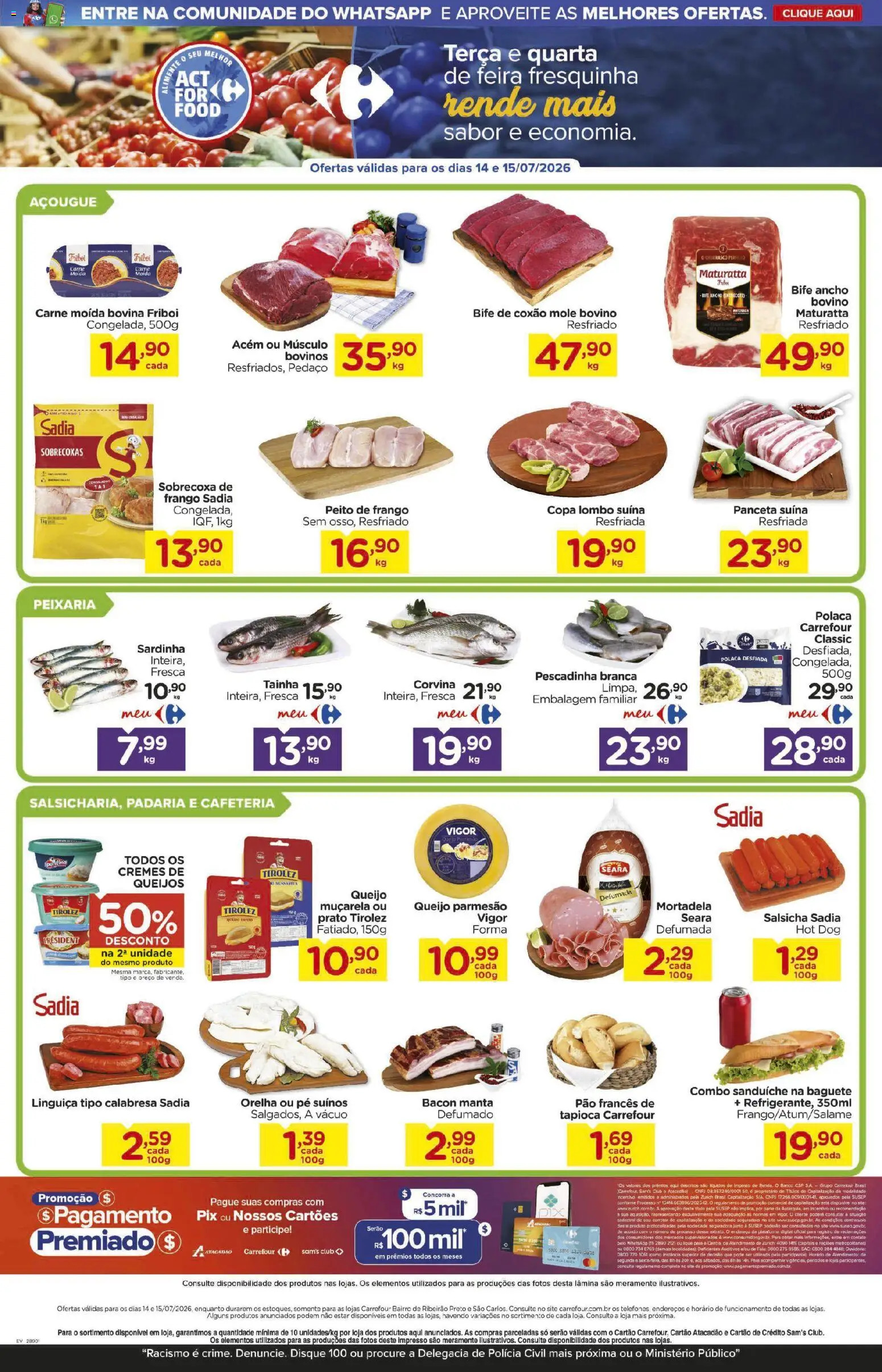 Carrefour Bairro Folheto - válido de 14/07/2026 | Página: 2 | Produtos: Mortadela, Muçarela, Sardinha, Peito de frango