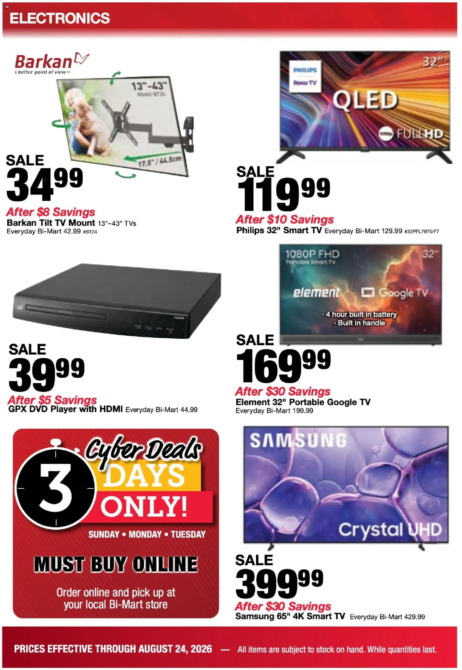 Bi-Mart Weekly Ad - valid from 08/18/2026 | Page: 4 | Products: Battery, Tv, Player