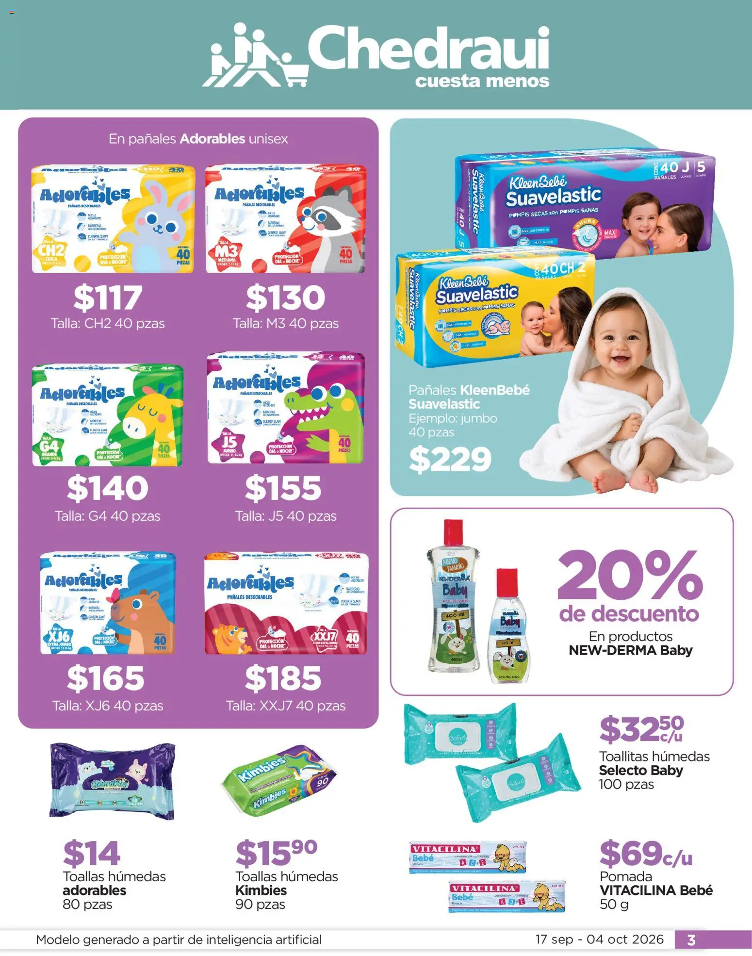 Nuevas ofertas de Chedraui válidas en toda la República Mexicana desde el 17/09/2026. ¡Encuentra las mejores ofertas en Chedraui folleto Cuida lo que más amas! | Página: 3 | Productos: Toallitas húmedas, Pañales, Pomada, Toallas