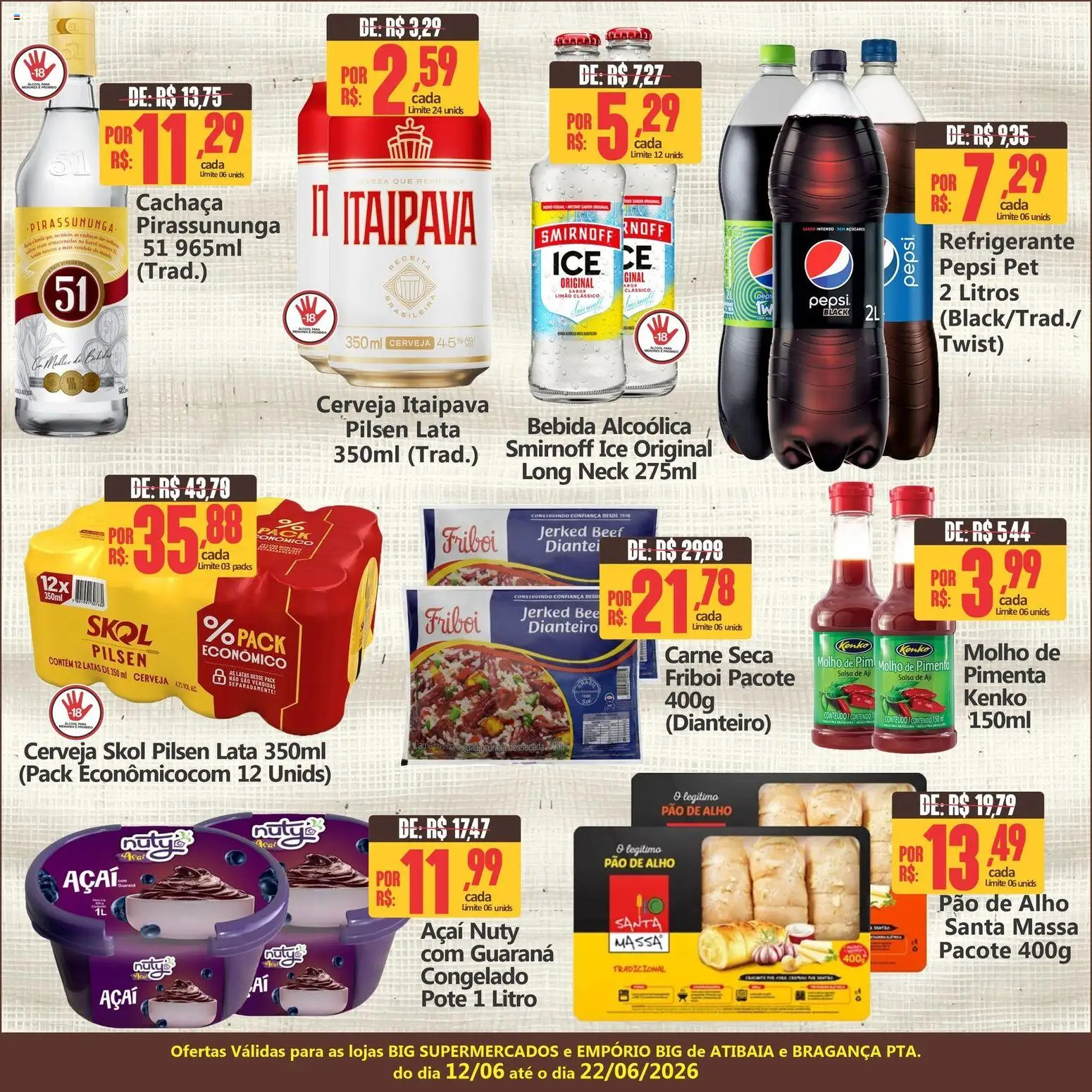 Big Supermercados Folheto - válido de 12.06.2026 | Página: 3 | Produtos: Cachaça, Acai congelado, Massa, Refrigerante