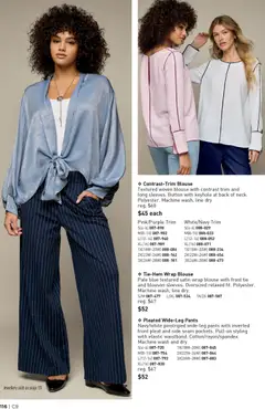 Preview of Pleated Wide-Leg Pants, Navy/white pinstriped wide-leg pants with inverted front pleat and side seam pockets. Pull-on styling with elastic waistband. Cotton/rayon/spandex. Machine wash and dry. from shop Avon valid from 23.04.2026 | Page: 116 | Products: Blouse, Pants