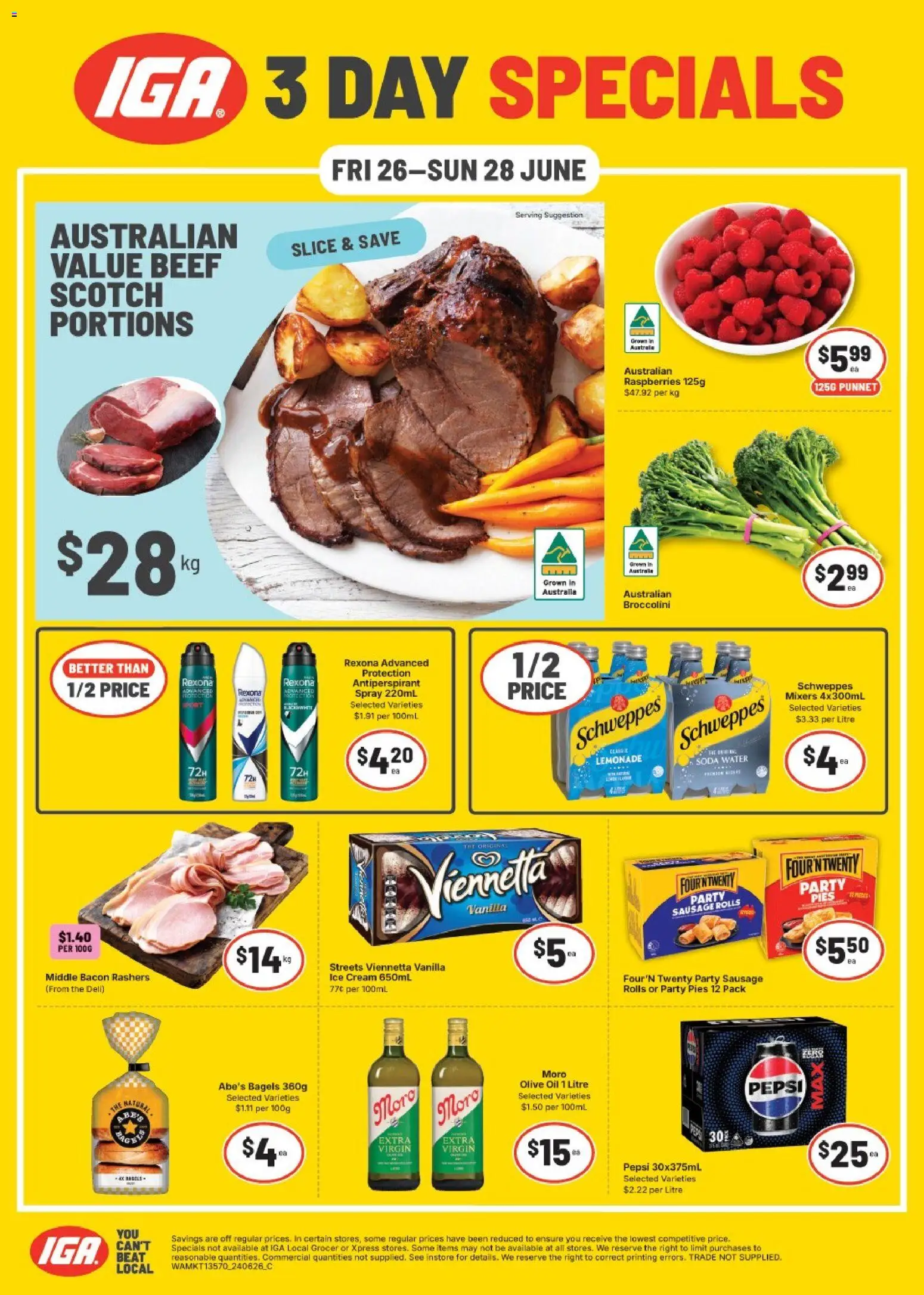 IGA catalogue - valid from 26/06/2026 | Page: 1 | Products: Bacon, Oil, Water, Pies