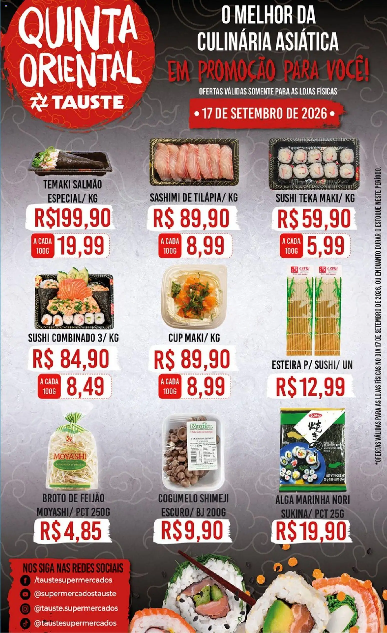 Tauste Folheto - válido de 17/09/2026 | Página: 1 | Produtos: Esteira, Salmão, Sushi, Cogumelo